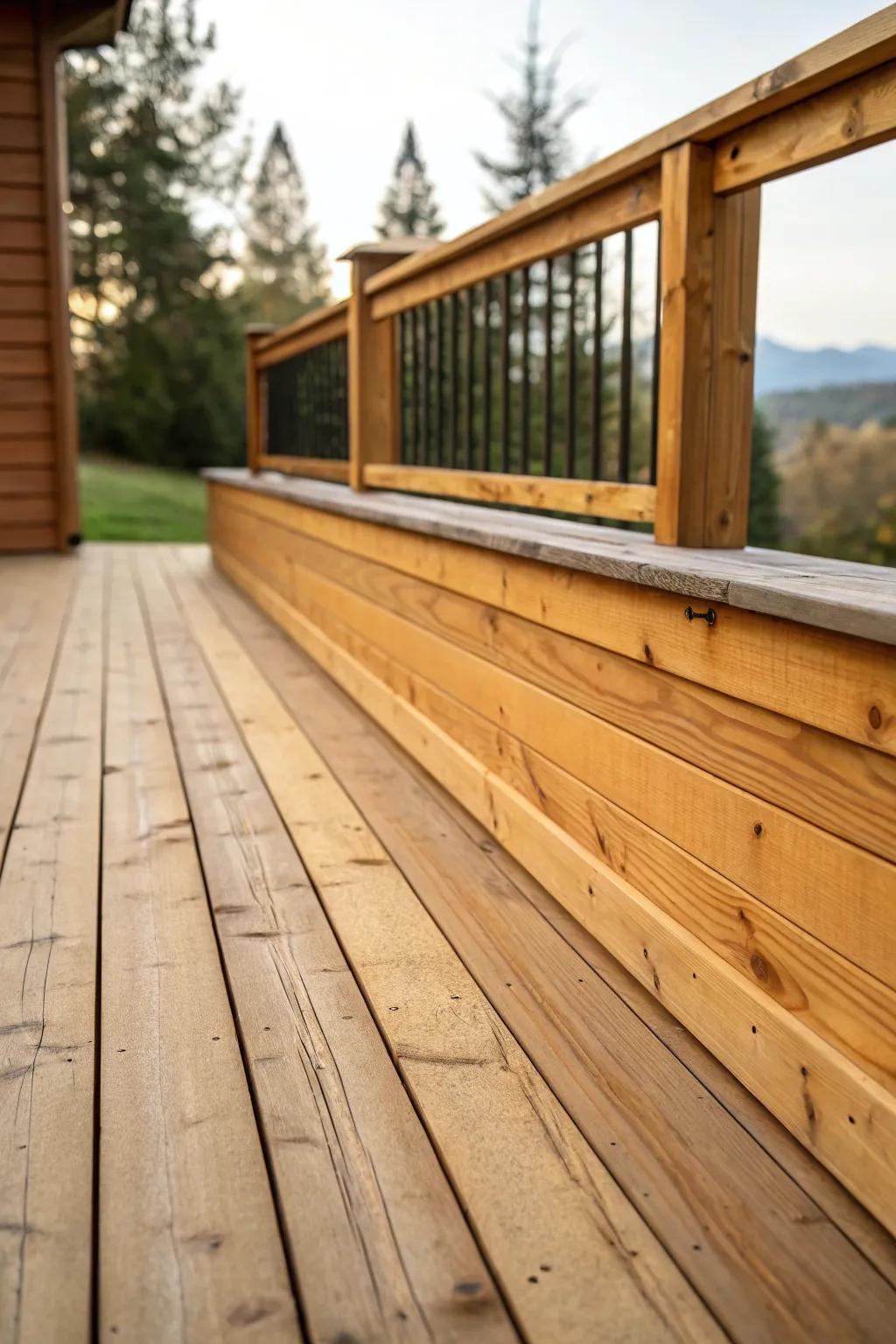 Cedar wood skirting lends a warm, rustic feel to this deck.