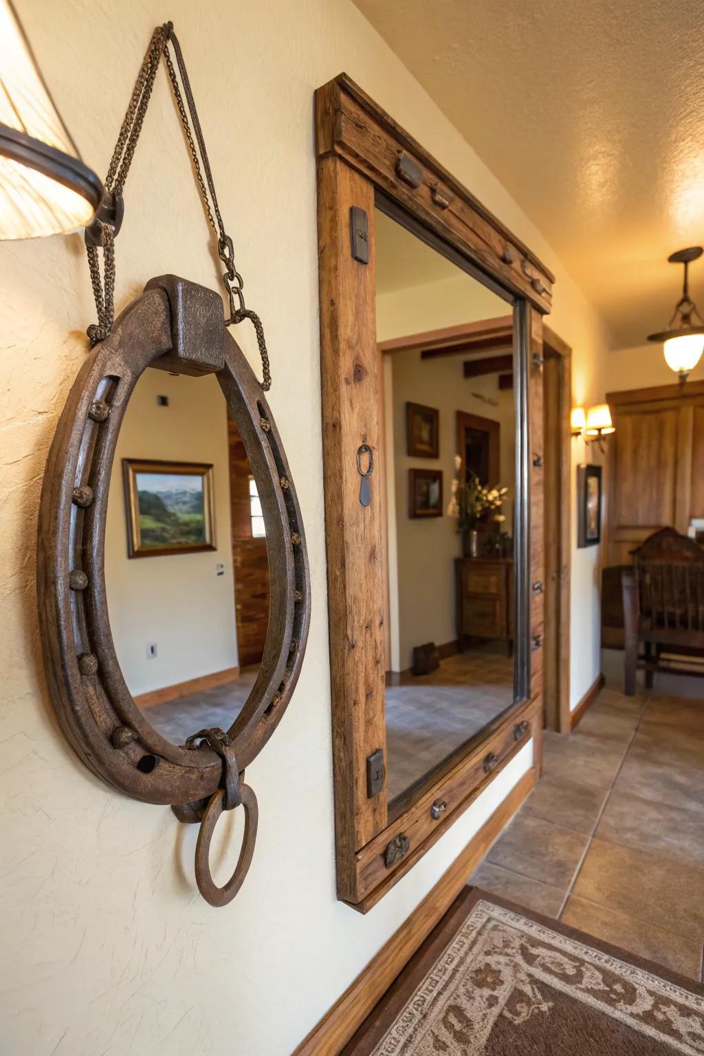 An <strong>equine neckwear mirror</strong> introduces rustic charm to the entrance.” loading=”lazy” class=”pimg”>
	</picture><figcaption>An <strong>equine neckwear mirror</strong> introduces rustic charm to the entrance.</figcaption></figure>
<p>Elevate your entryway with a <strong>repurposed neckwear mirror</strong>, turning it into a striking focal point. I’ve done just that in my own hallway, and it’s always the first detail that garners praise from visitors.</p>
<h3>A few helpful options:</h3>
<ul class=