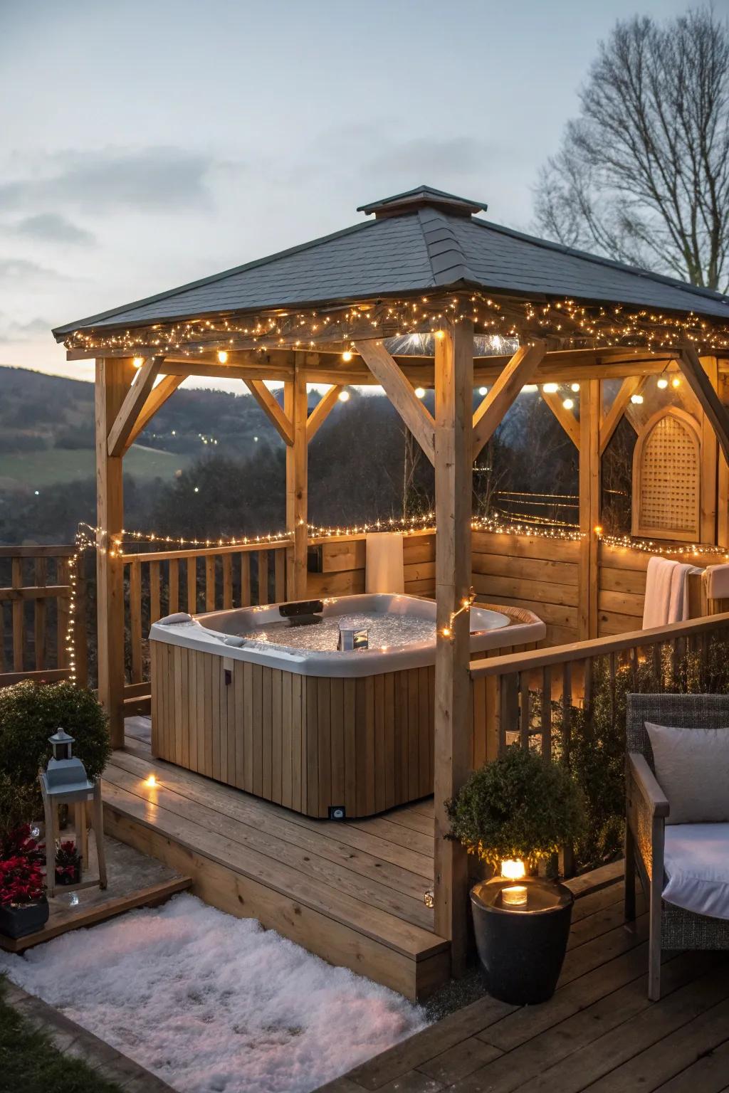 A wooden gazebo adds refinement and shelter to your hot tub.