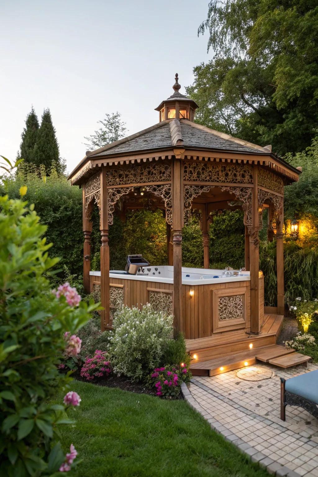 A timber gazebo provides a tranquil getaway.