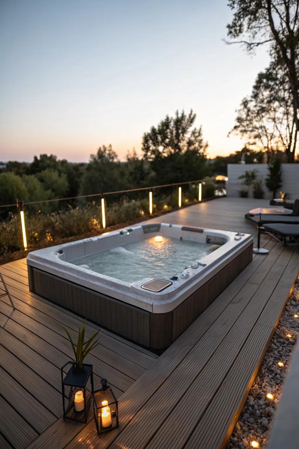 Wood decking enhances the hot tub space, fostering a comfortable and welcoming atmosphere.