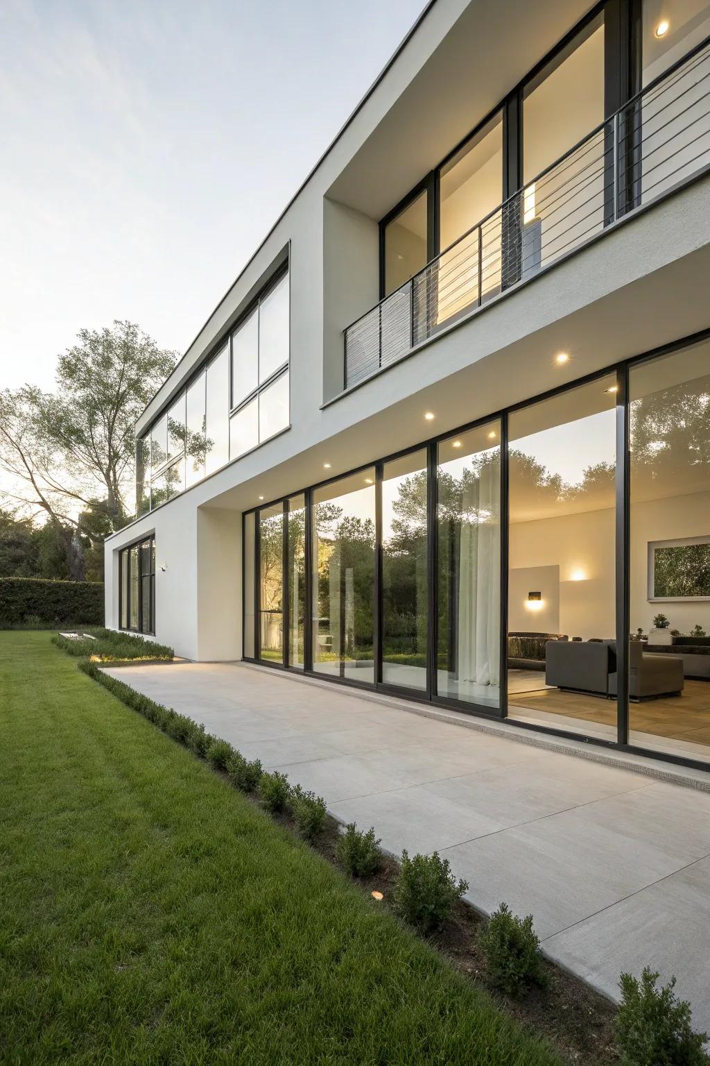 A simple facade featuring large windows and clean lines.