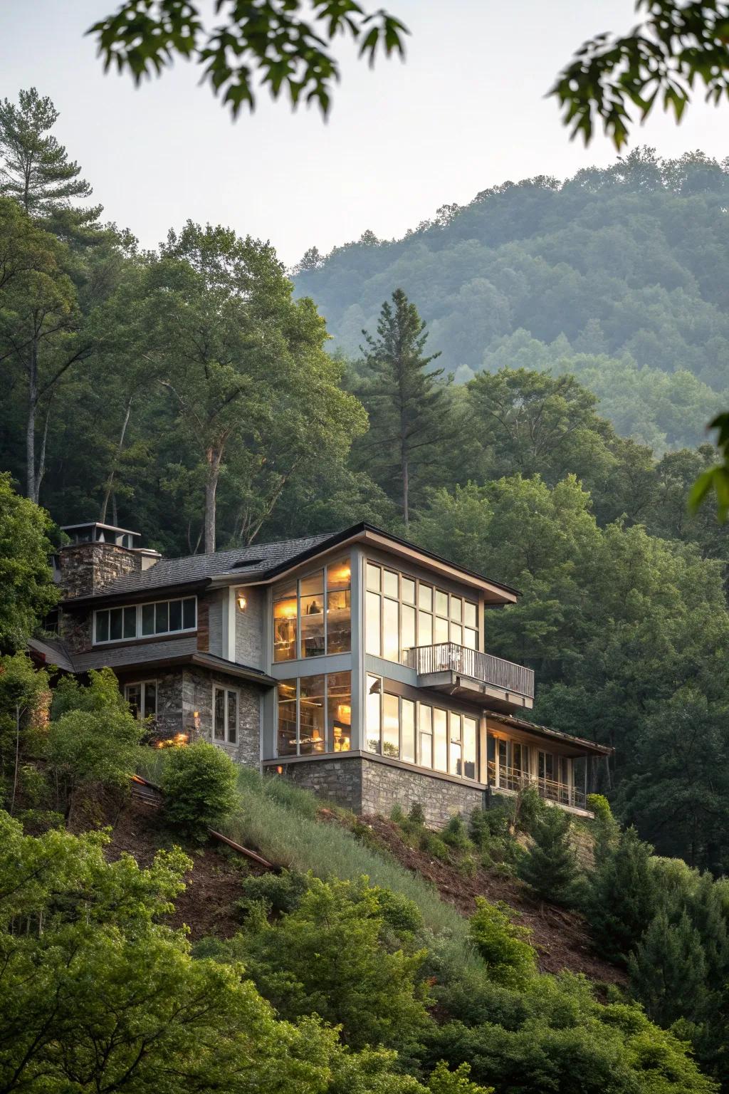 A multi-level house crafted to blend seamlessly with its inclined landscape surroundings.