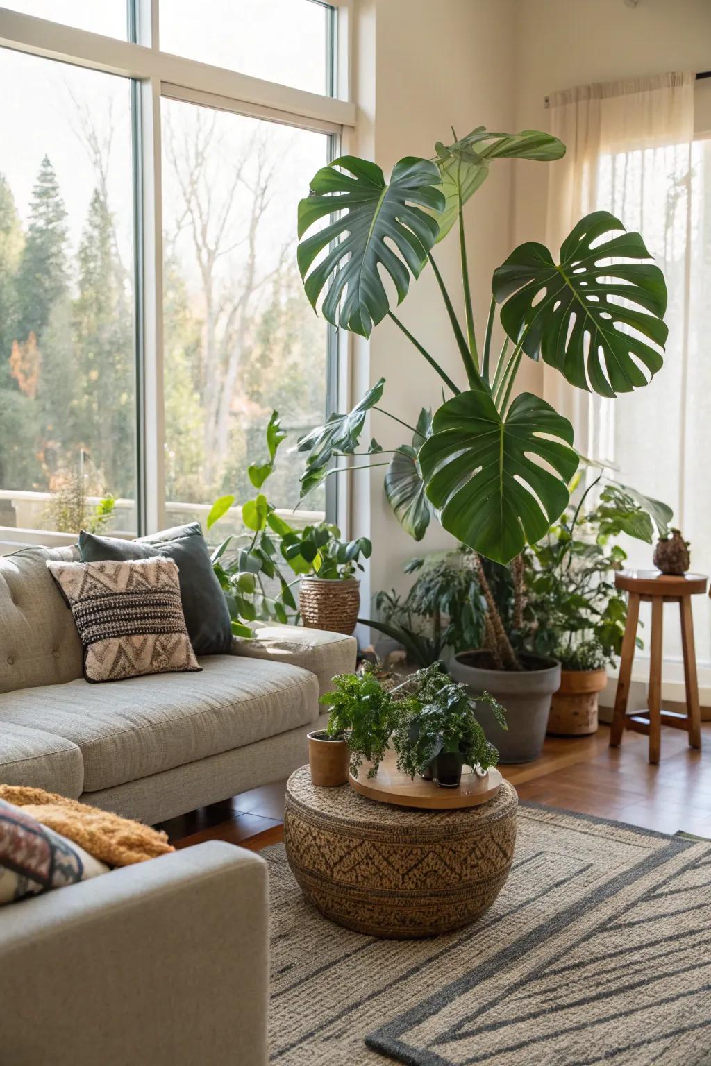 A large swiss cheese plant enhances this inviting living room with a tropical element.