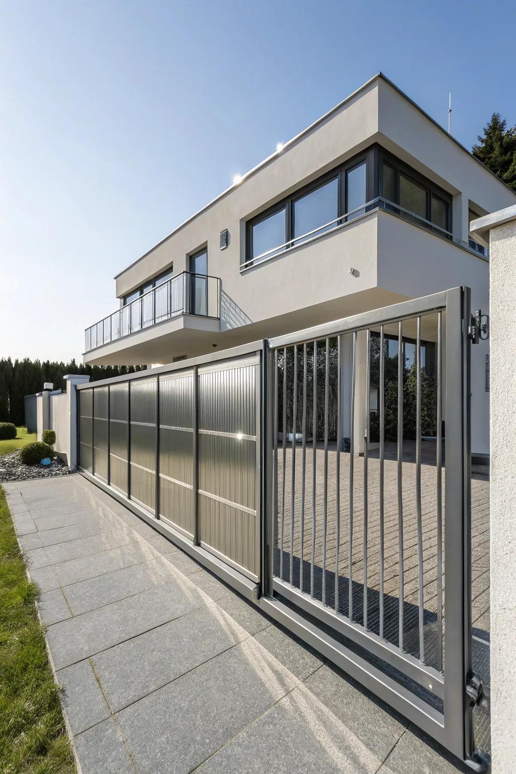 Sleek metal sliding gates add a modern touch to any home.