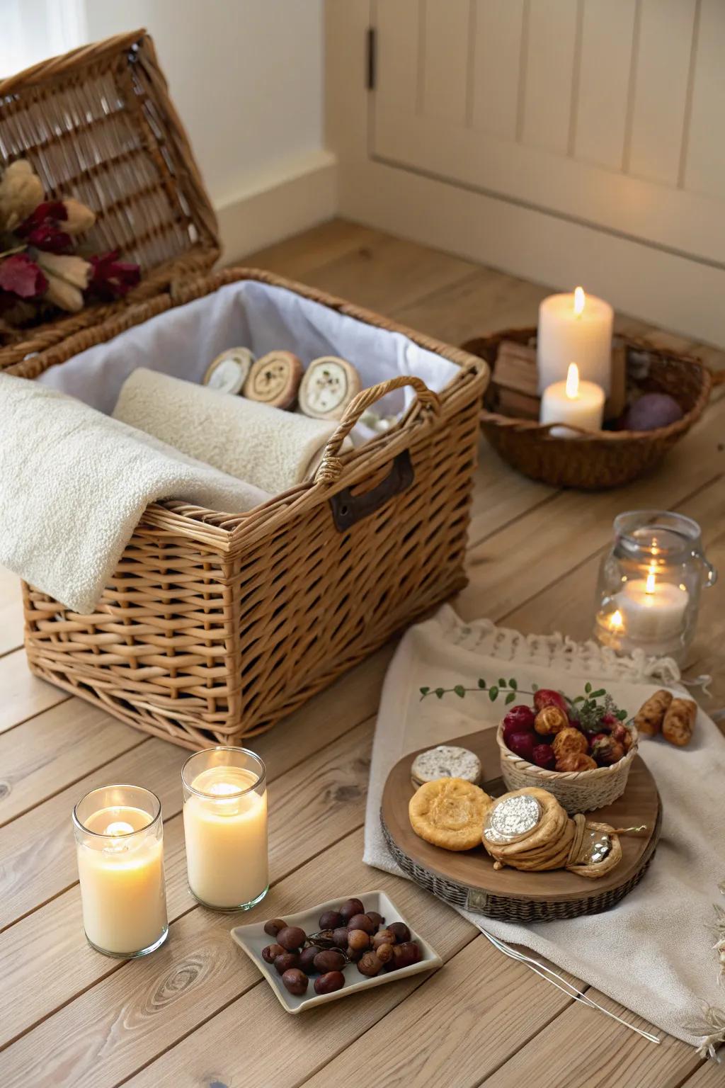 A comforting present basket, radiating warmth and coziness for the new home.