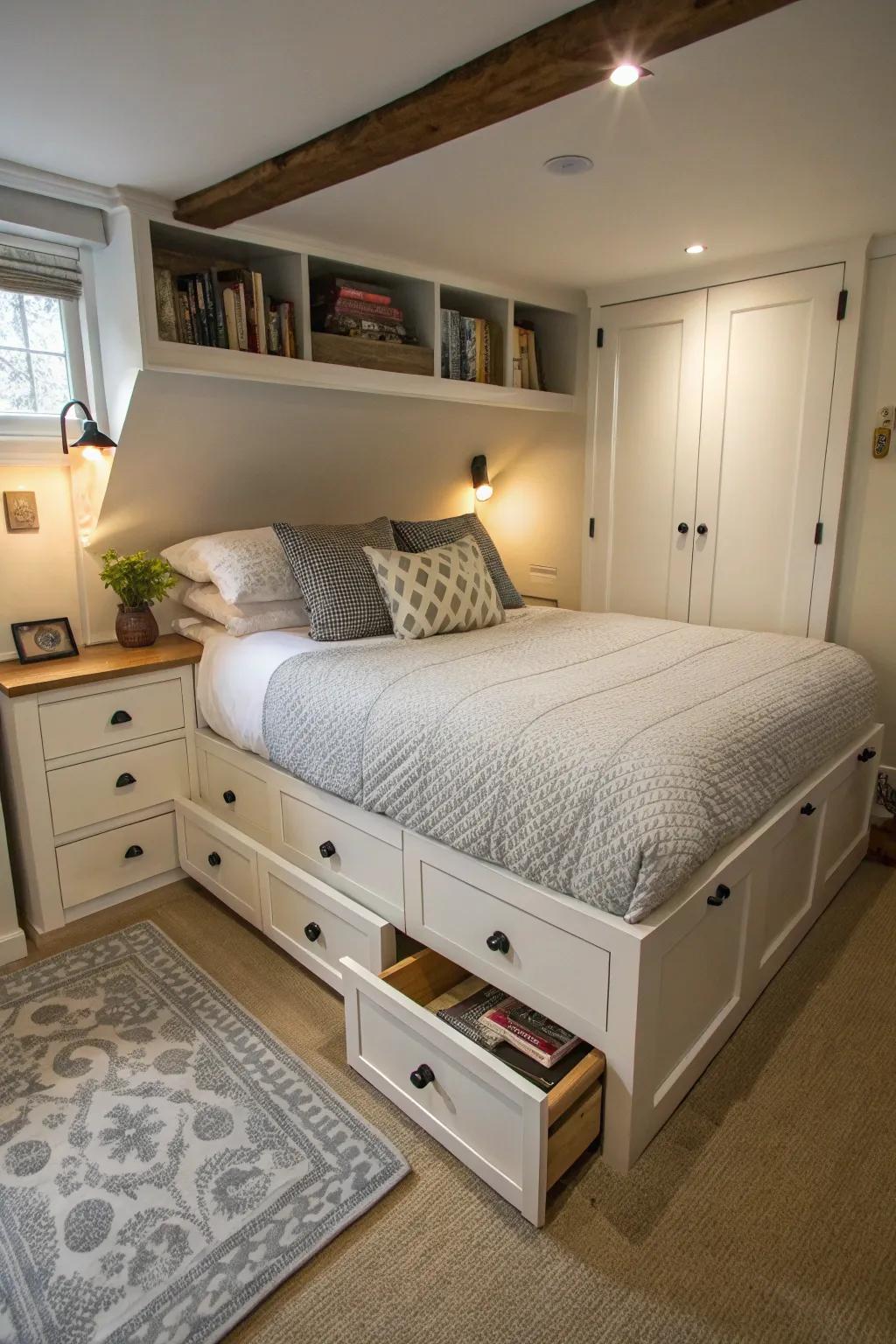 A small bedroom displaying a bed with integrated storage drawers, optimally utilizing the available space.