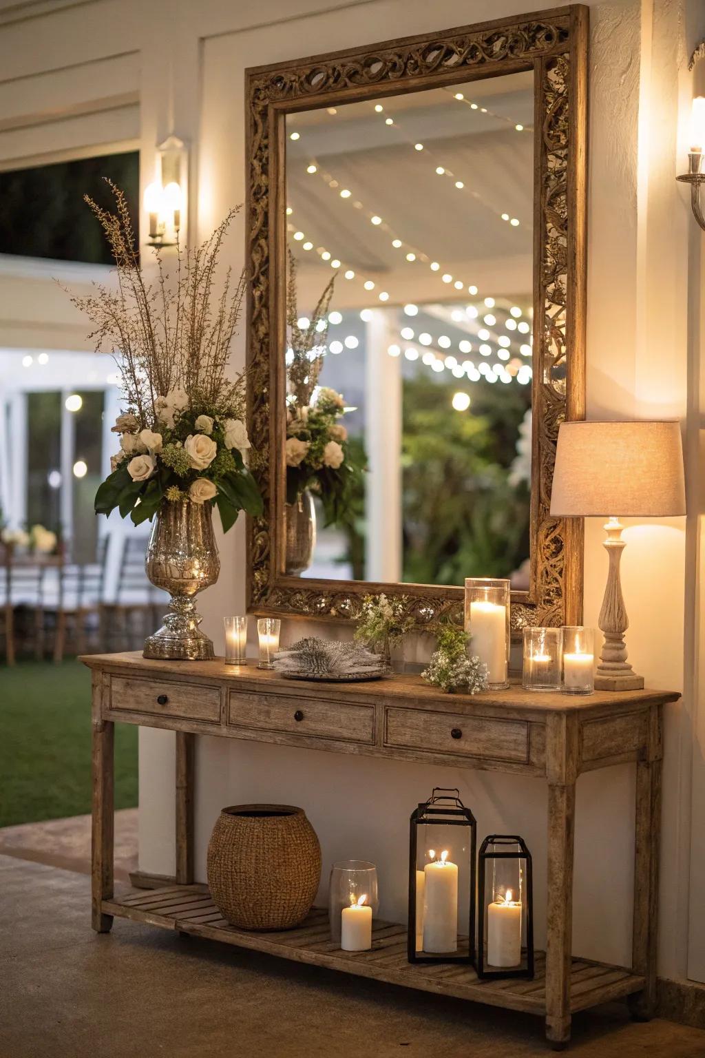 A console table showcasing a large mirror, skillfully adding depth and enhancing light.