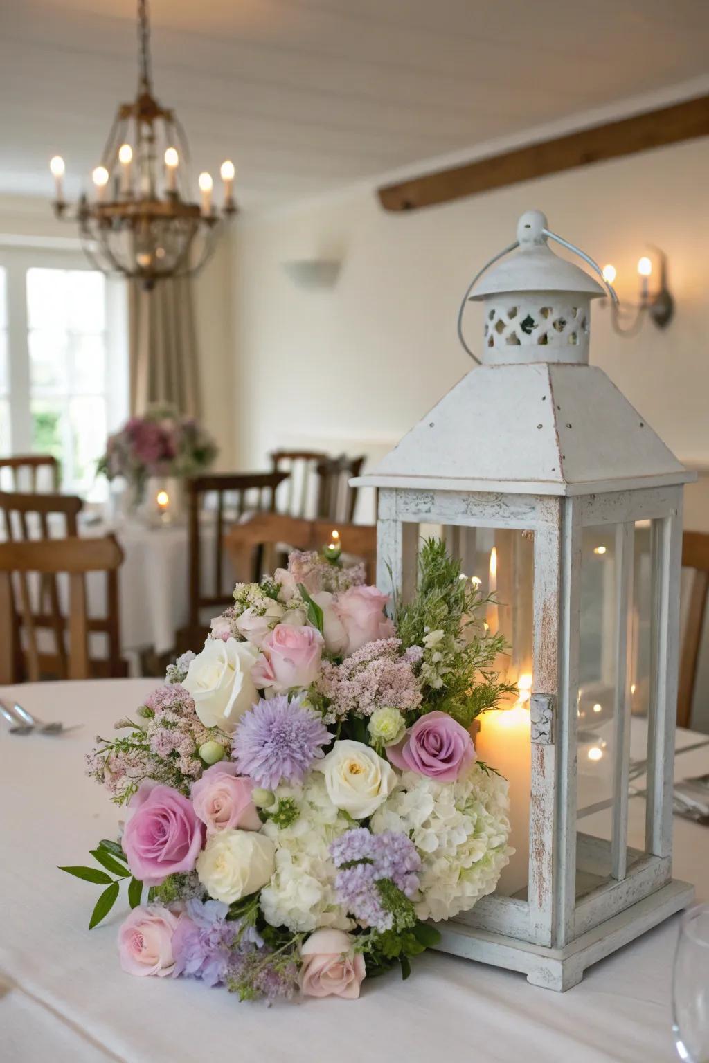 A delightful spring-themed lantern centerpiece with pastel flowers.