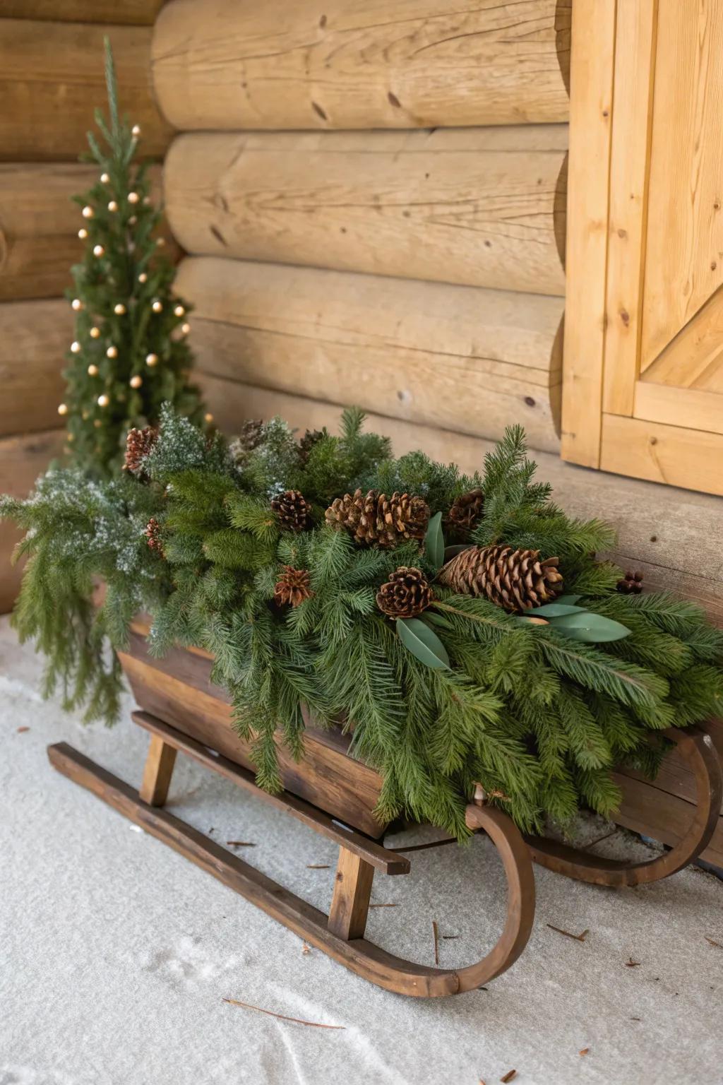 A charming sled decked with lush greenery and pinecones for a nature-inspired aesthetic