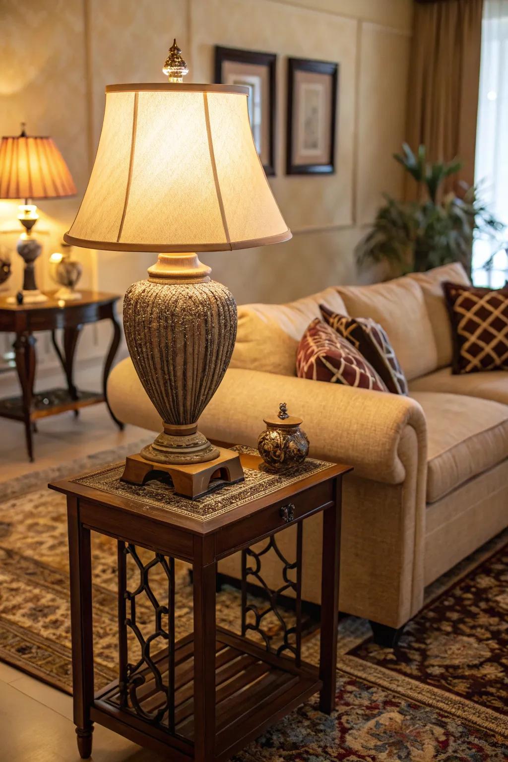 A table lamp enhances the sofa table with light and style.