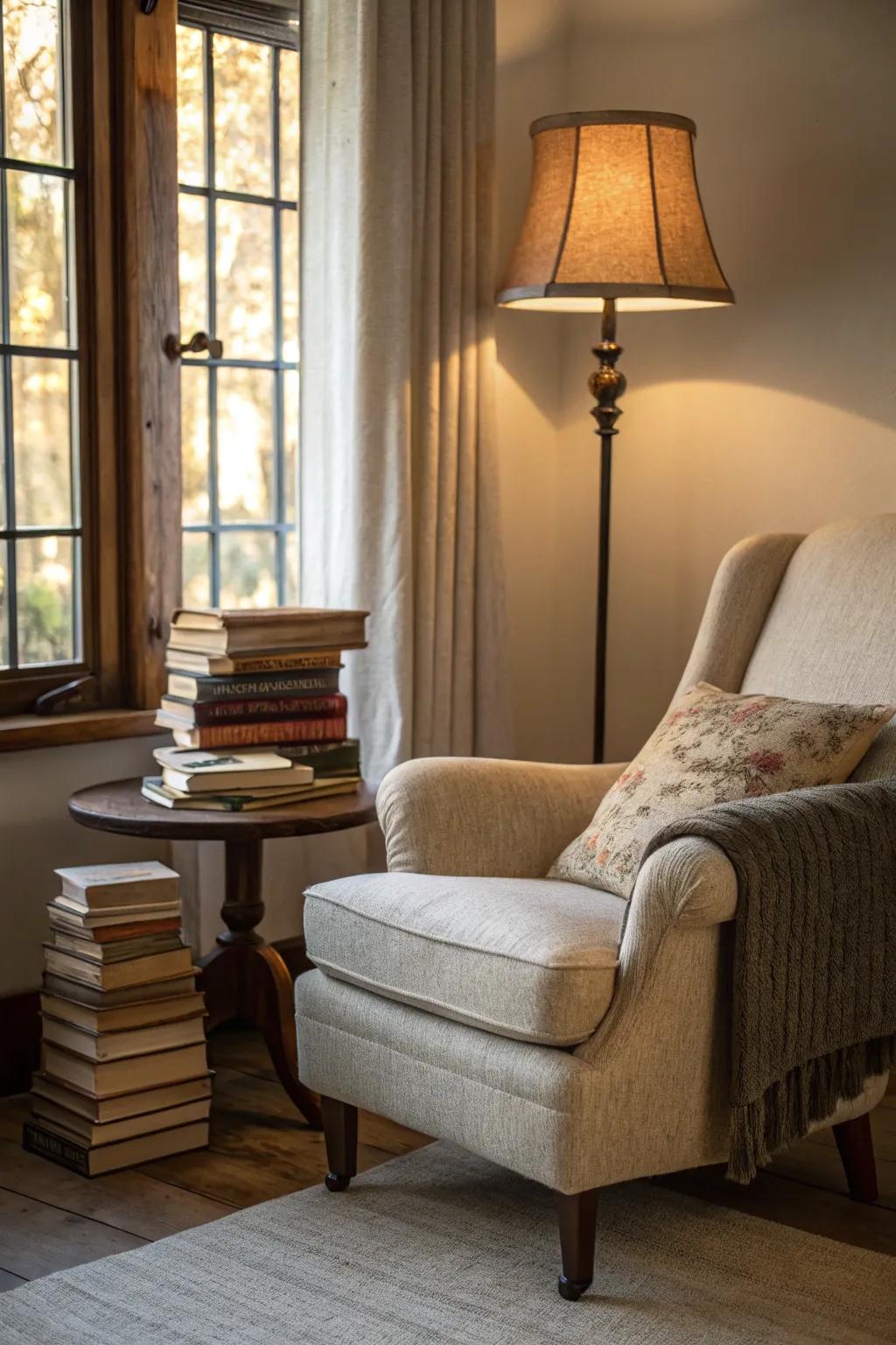 Revamp a corner into a private reading escape with a plush seat and your beloved books.