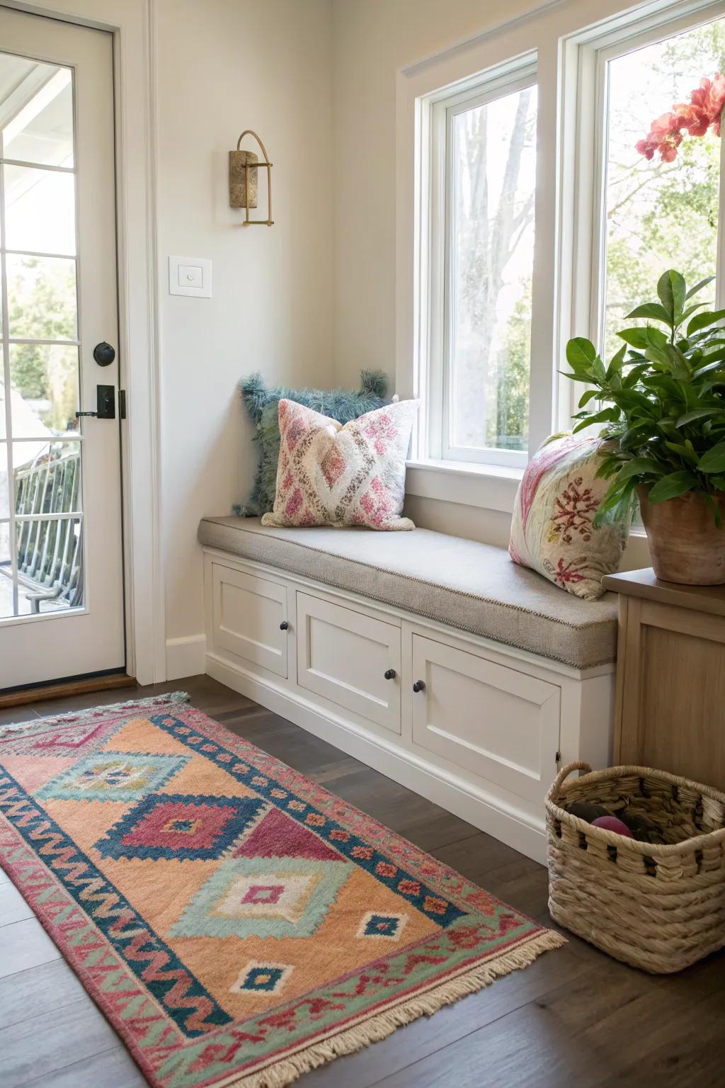 A welcoming seating spot in the entryway, complete with a small bench and plush cushions.