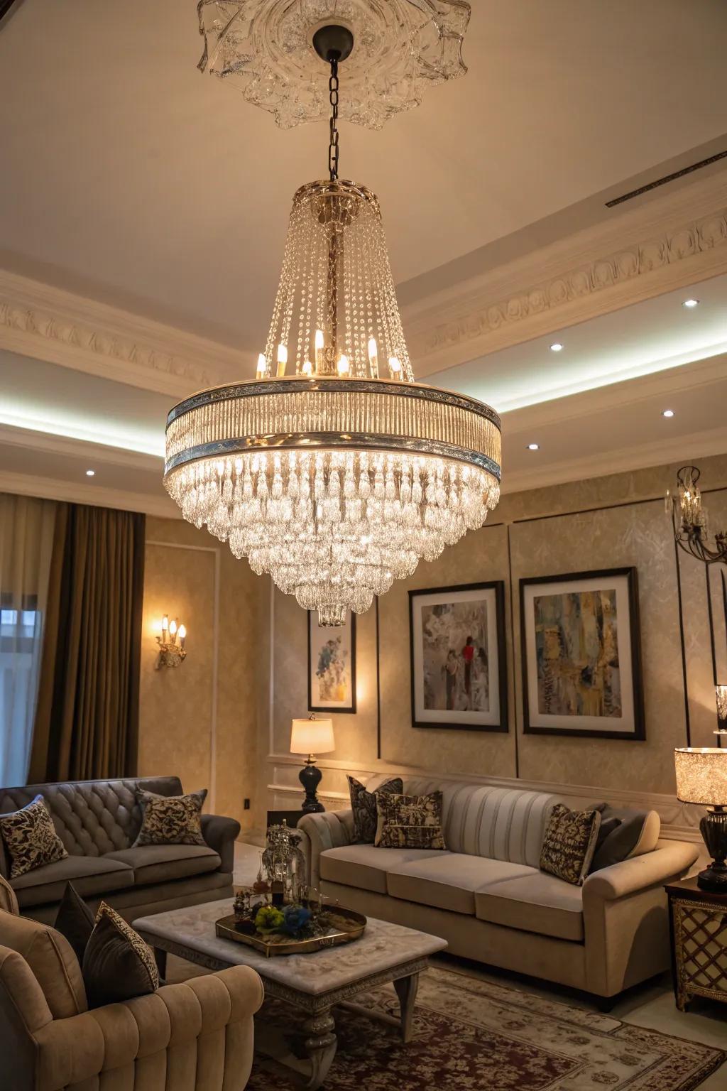 An elegant living room showcasing a stunning statement chandelier as its centerpiece.