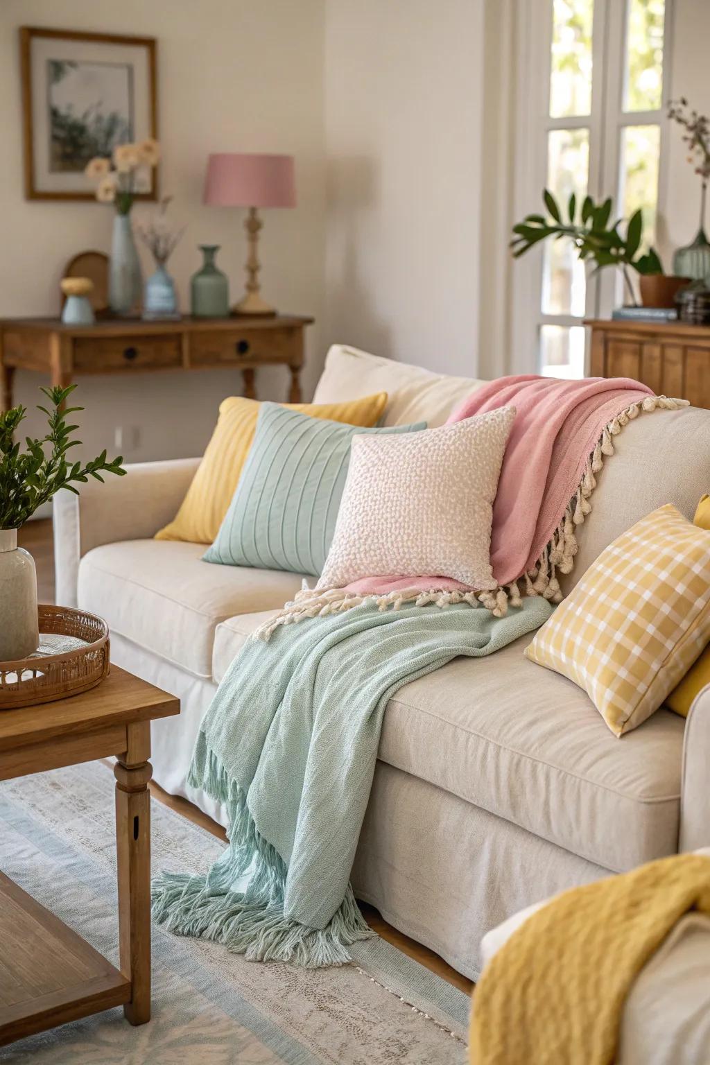 Soft tone cushions and throws bring a touch of spring to this living room.