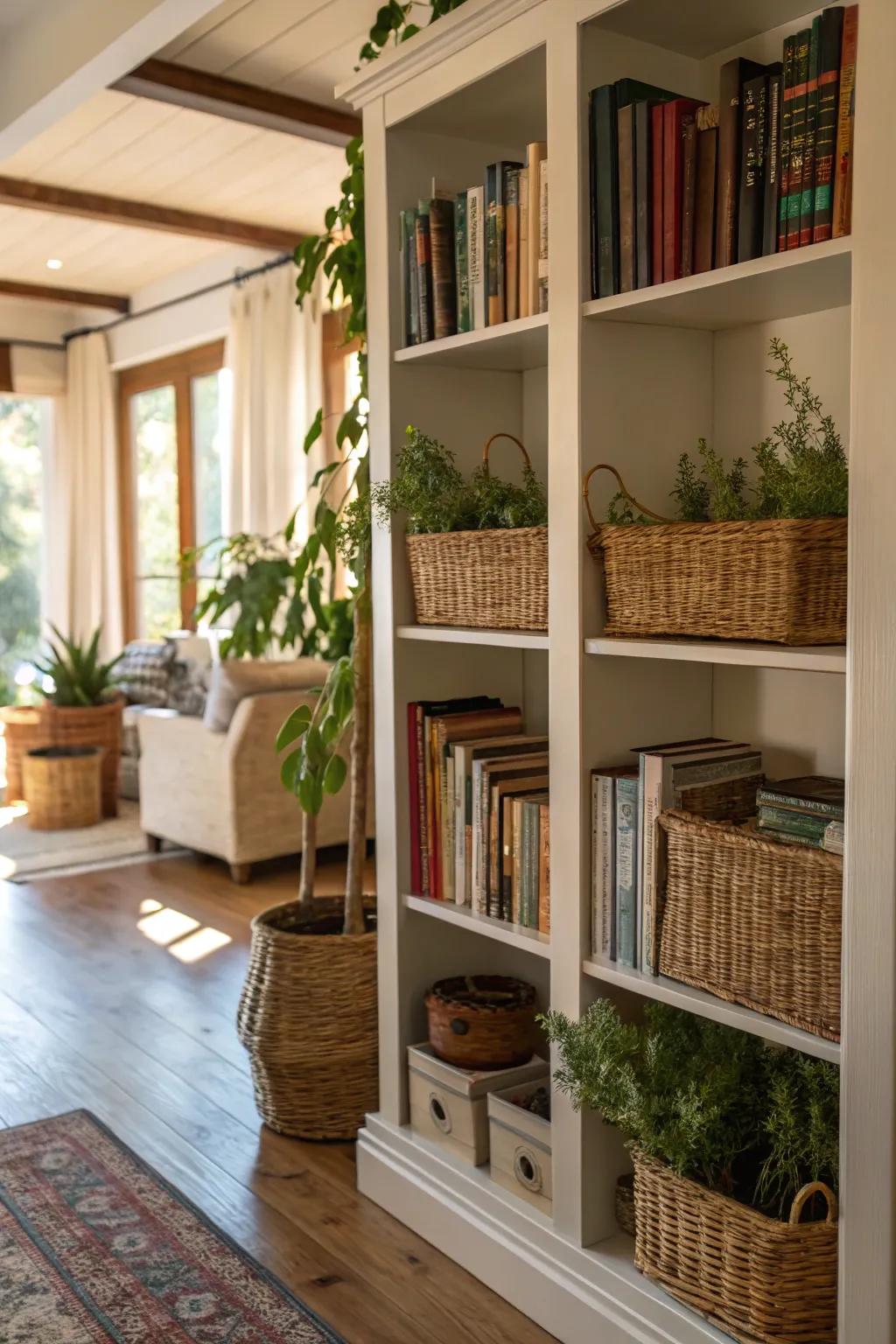 Any bookshelf will look better with the addition of baskets.