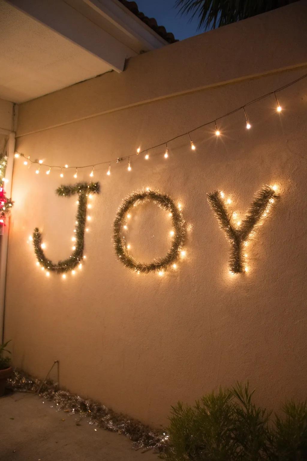 The word 'JOY' spelled out with tinsel garland for a festive touch.