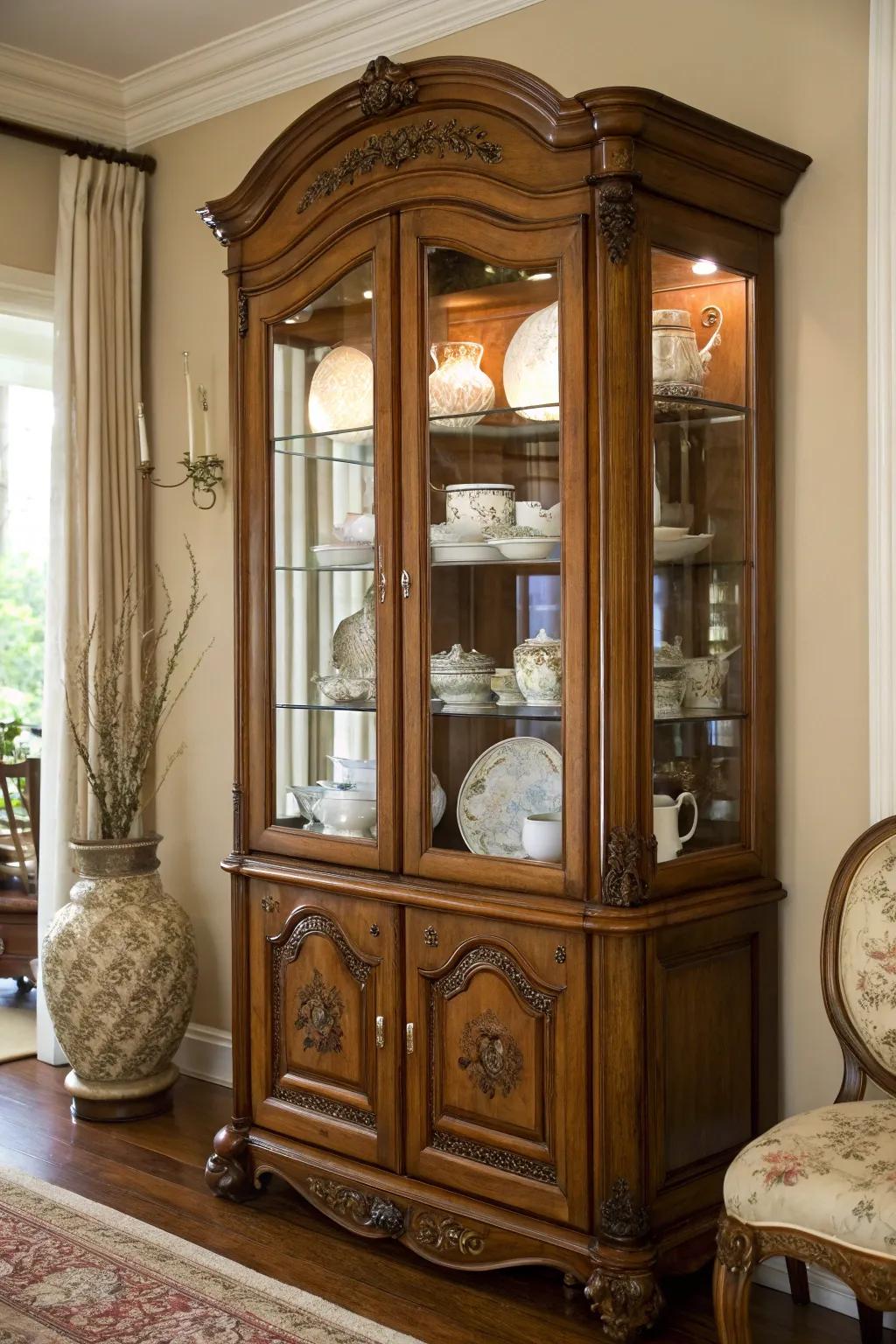 A beautiful wooden china cabinet with a carefully curated china collection visible through glass doors.