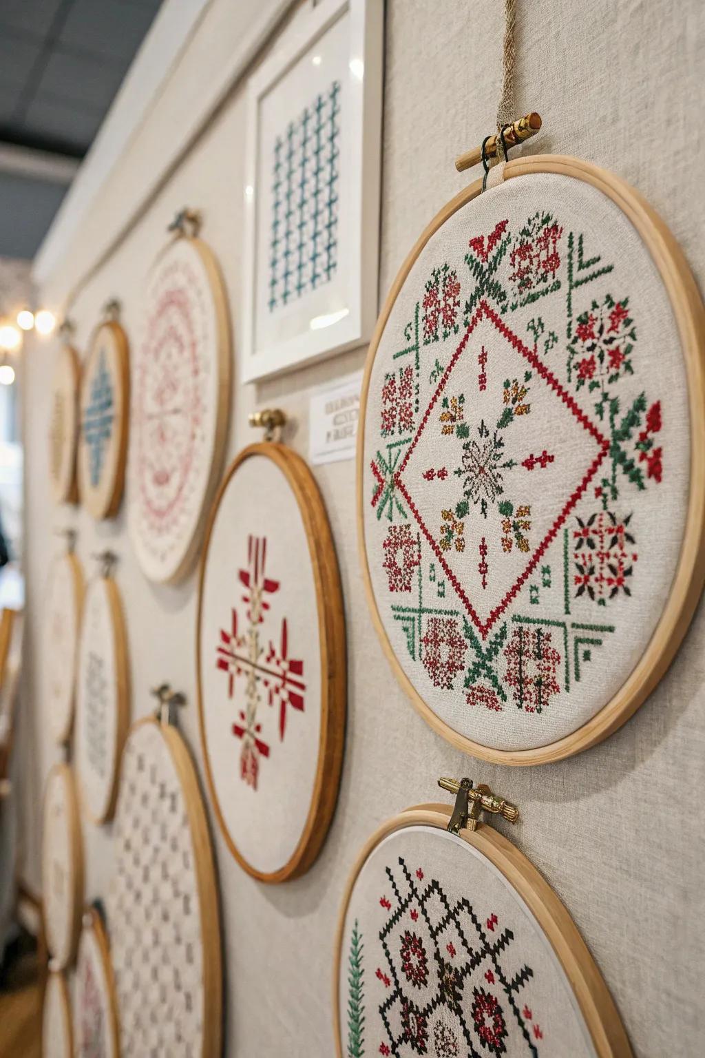 Stitching circles transform cross stitch pieces into attractive wall art