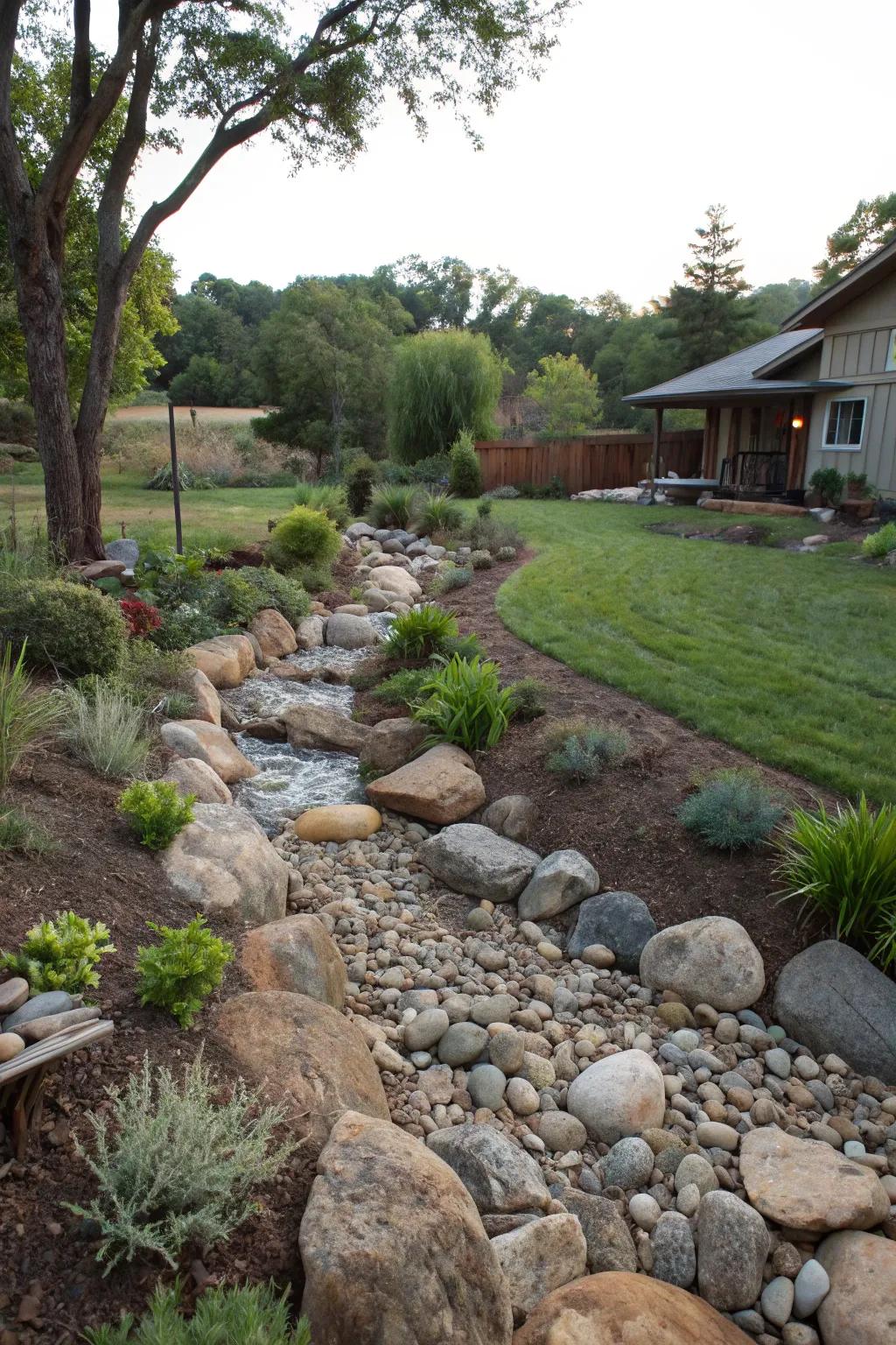 A decorative creek bed gracefully directs water away from the home.