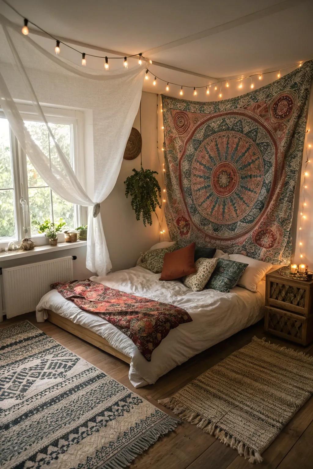 A textile functioning as a headboard introduces character and warmth to your bedroom.