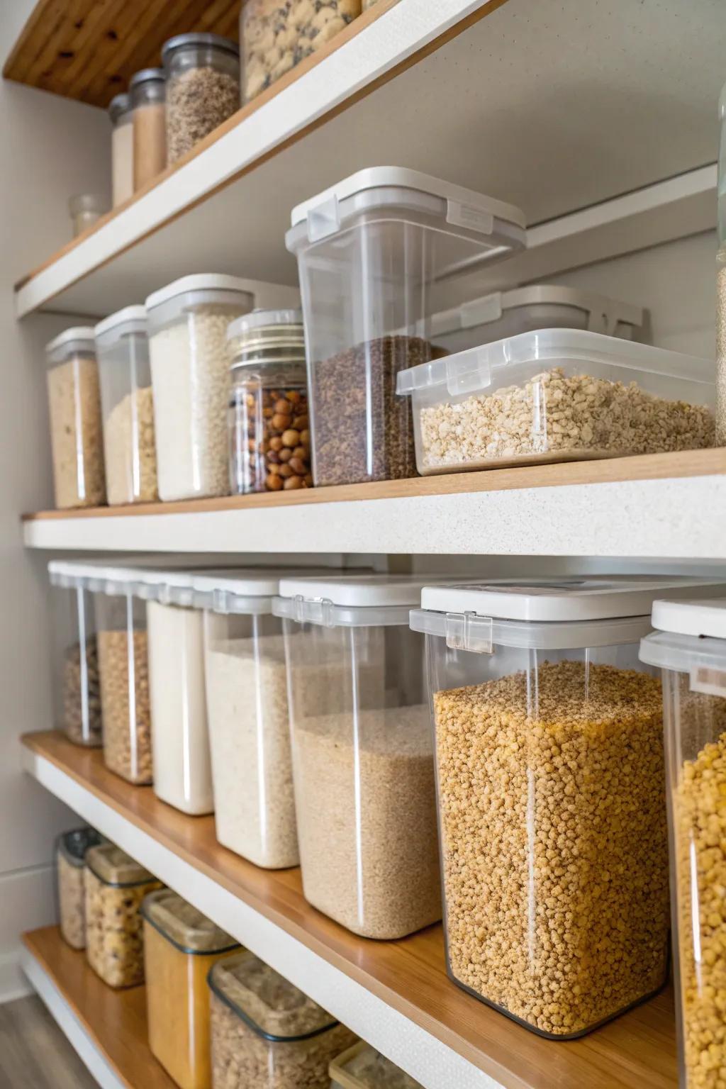 See-through receptacles present pantry mainstays such as grains and cereals in a tidy manner.