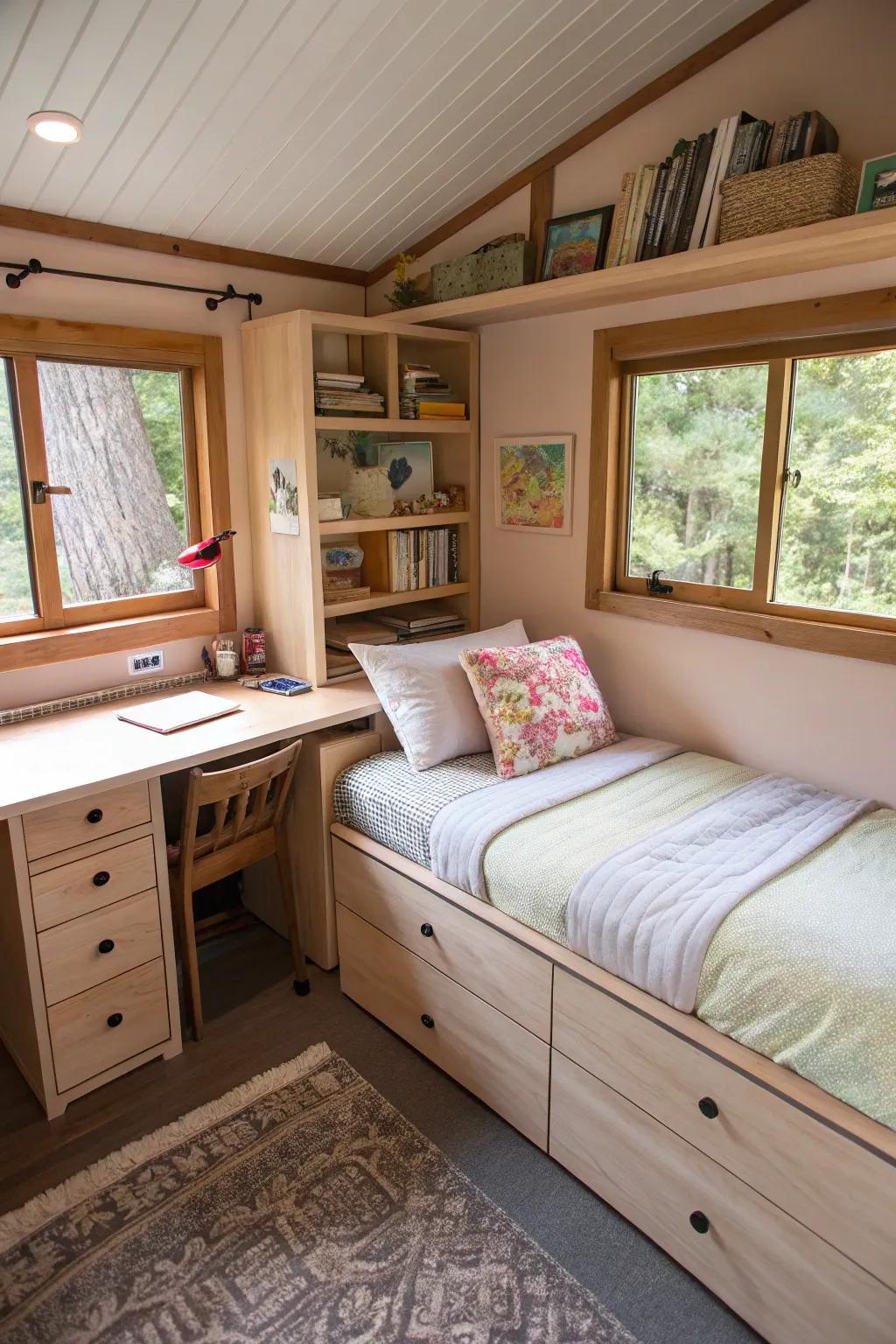 A multi-use bed featuring convenient storage options.