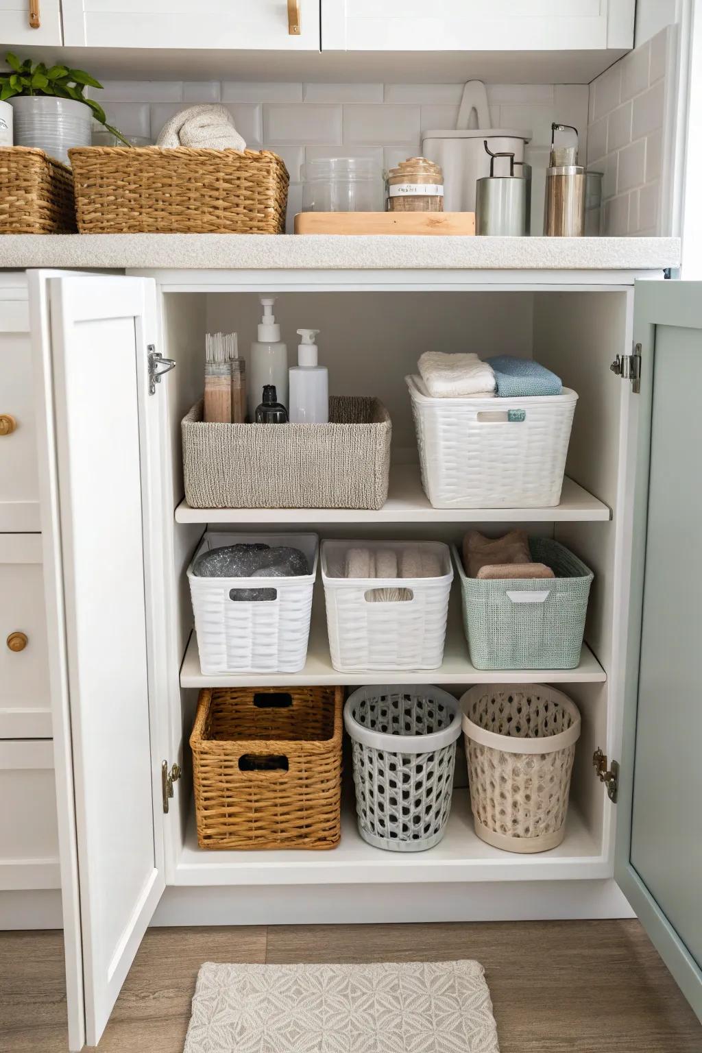 A bathroom cabinet uses containers and baskets to neatly hold toiletries and cleaning products.
