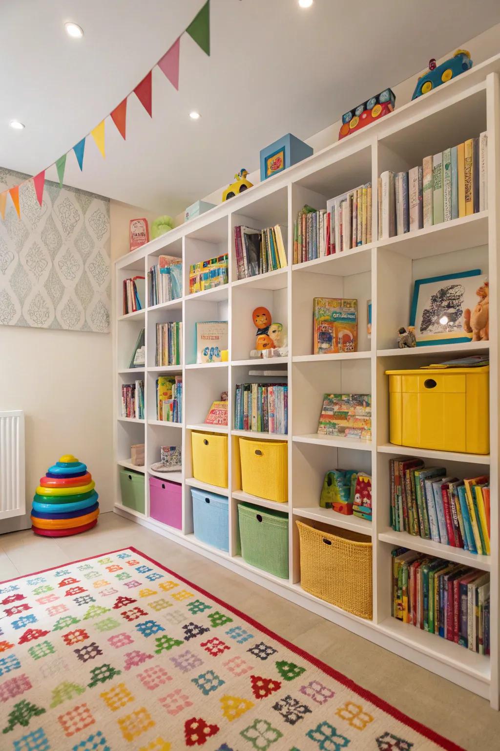 High shelves make the most of vertical space in a child's room.