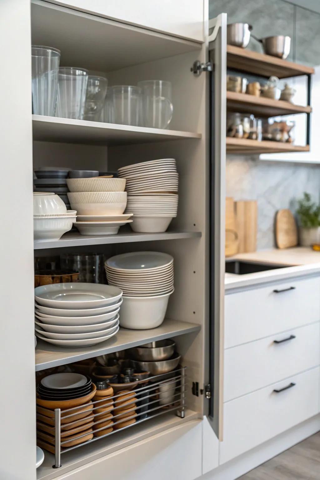 Vertical shelving maximizes storage in your kitchen cabinets.