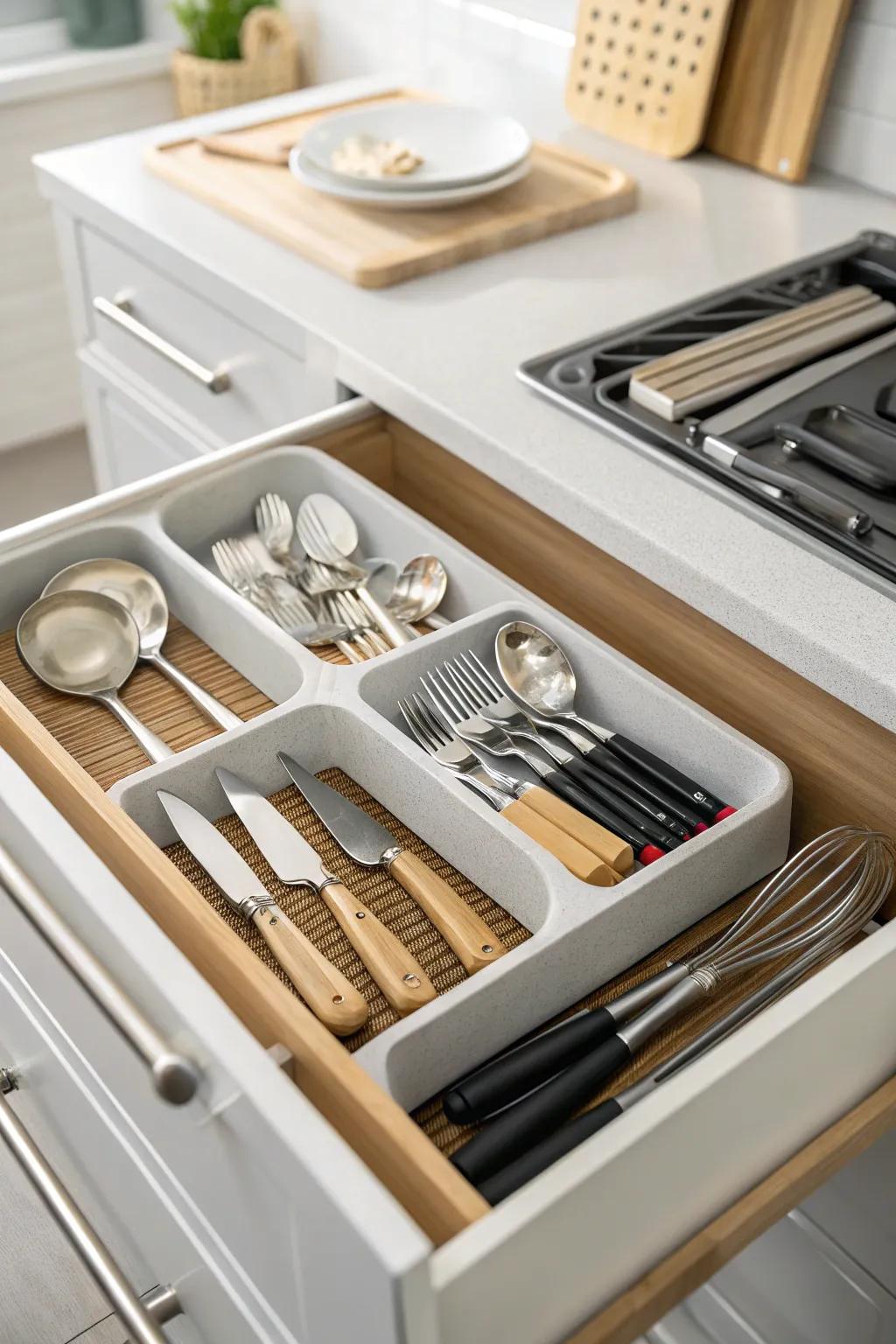 Drawer organizers maintaining utensil order and accessibility.