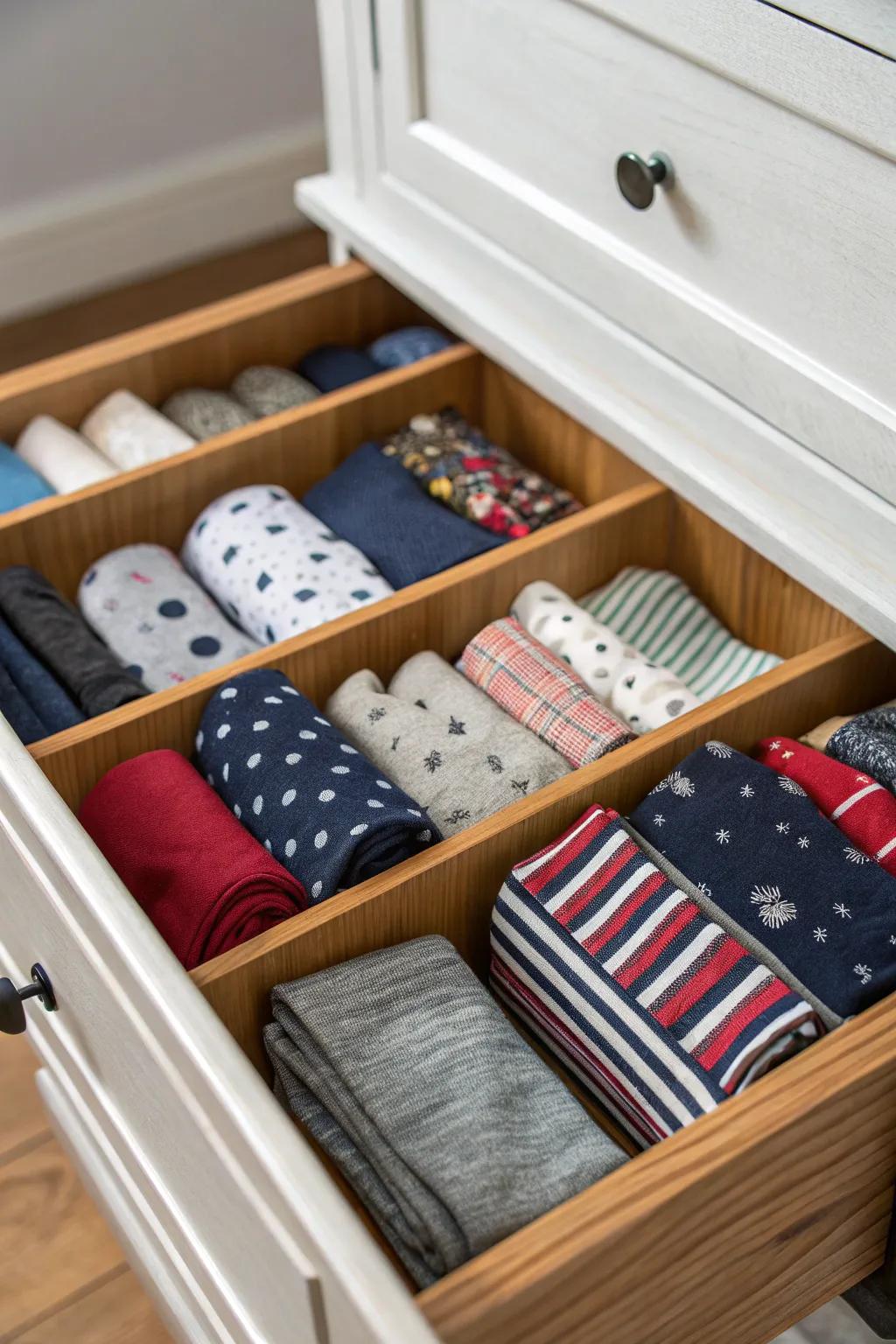Partitioning inserts keep your socks neatly arranged and easily accessible.