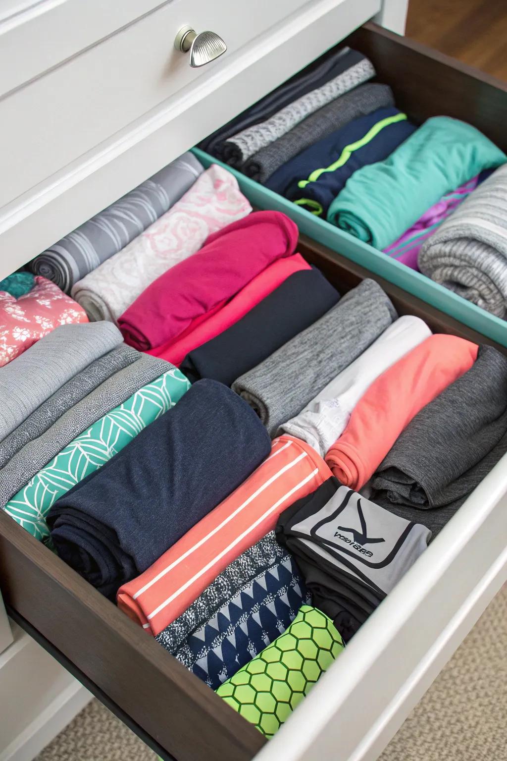 Workout garments neatly arranged utilizing the KonMari folding method.