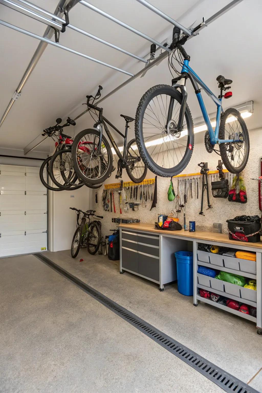 Bikes neatly suspended overhead using a pulley system, creating more room on the floor.