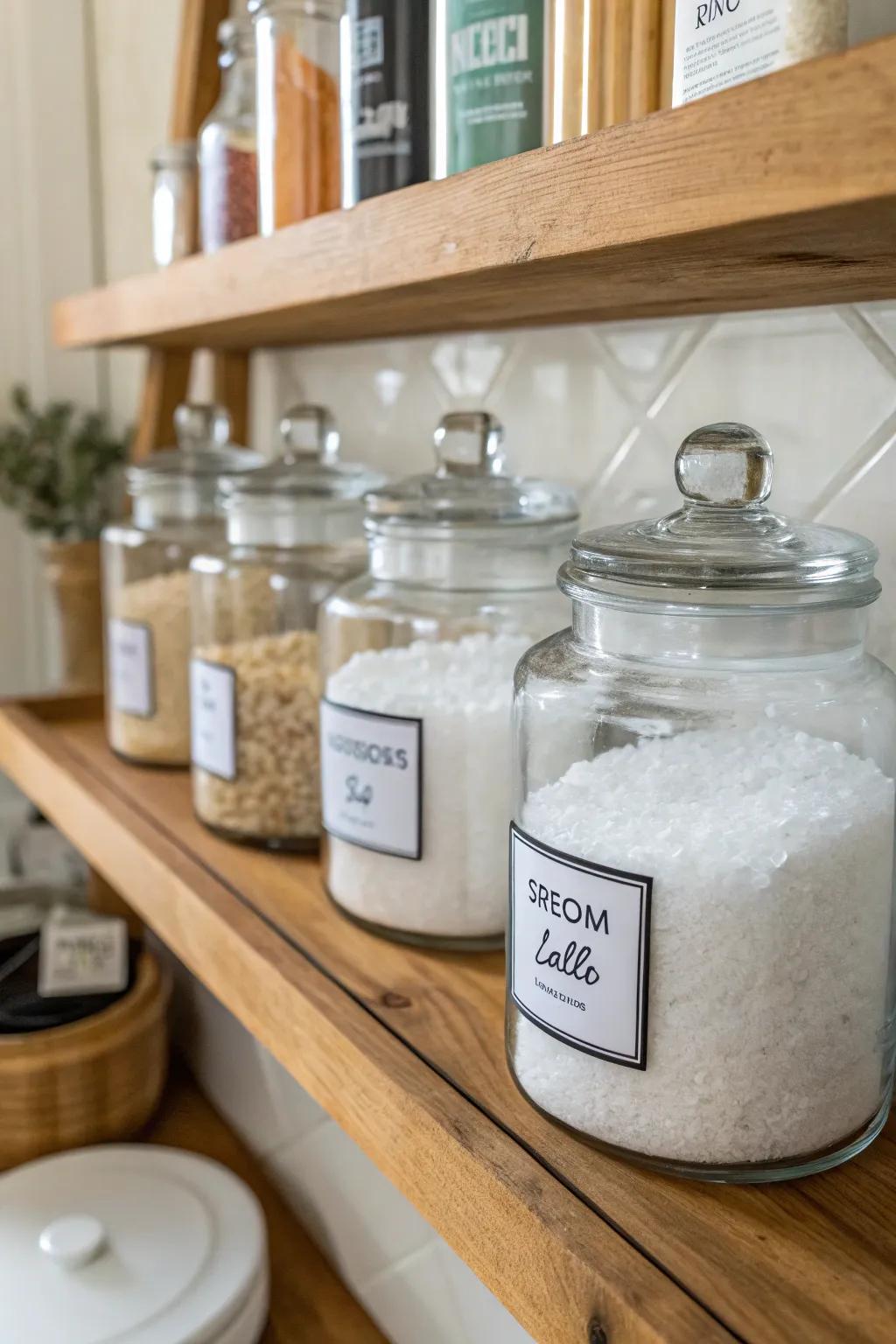 Stylish glass jars displaying colorful Epsom salts