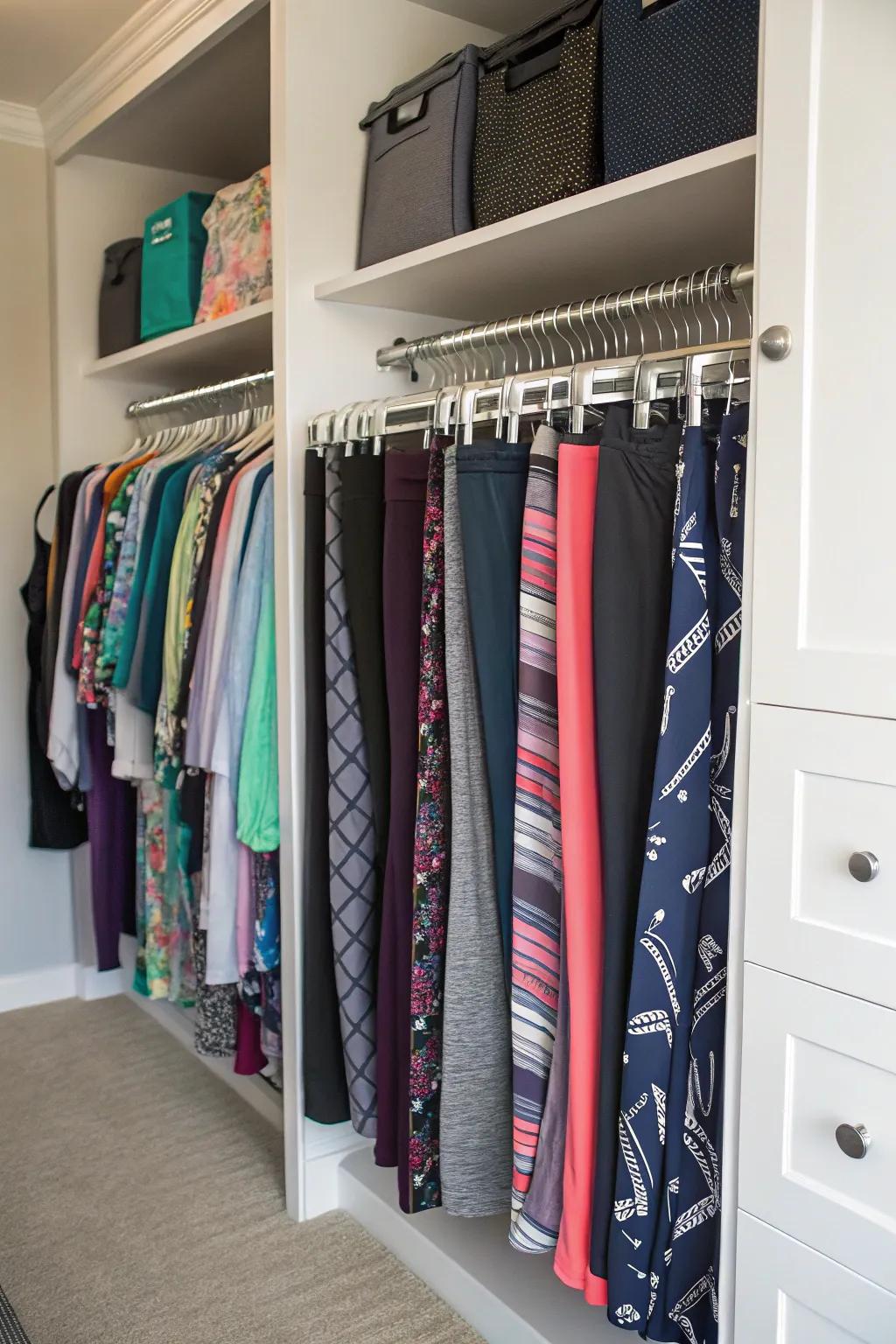 Hang your leggings vertically to optimize closet space and improve visibility.