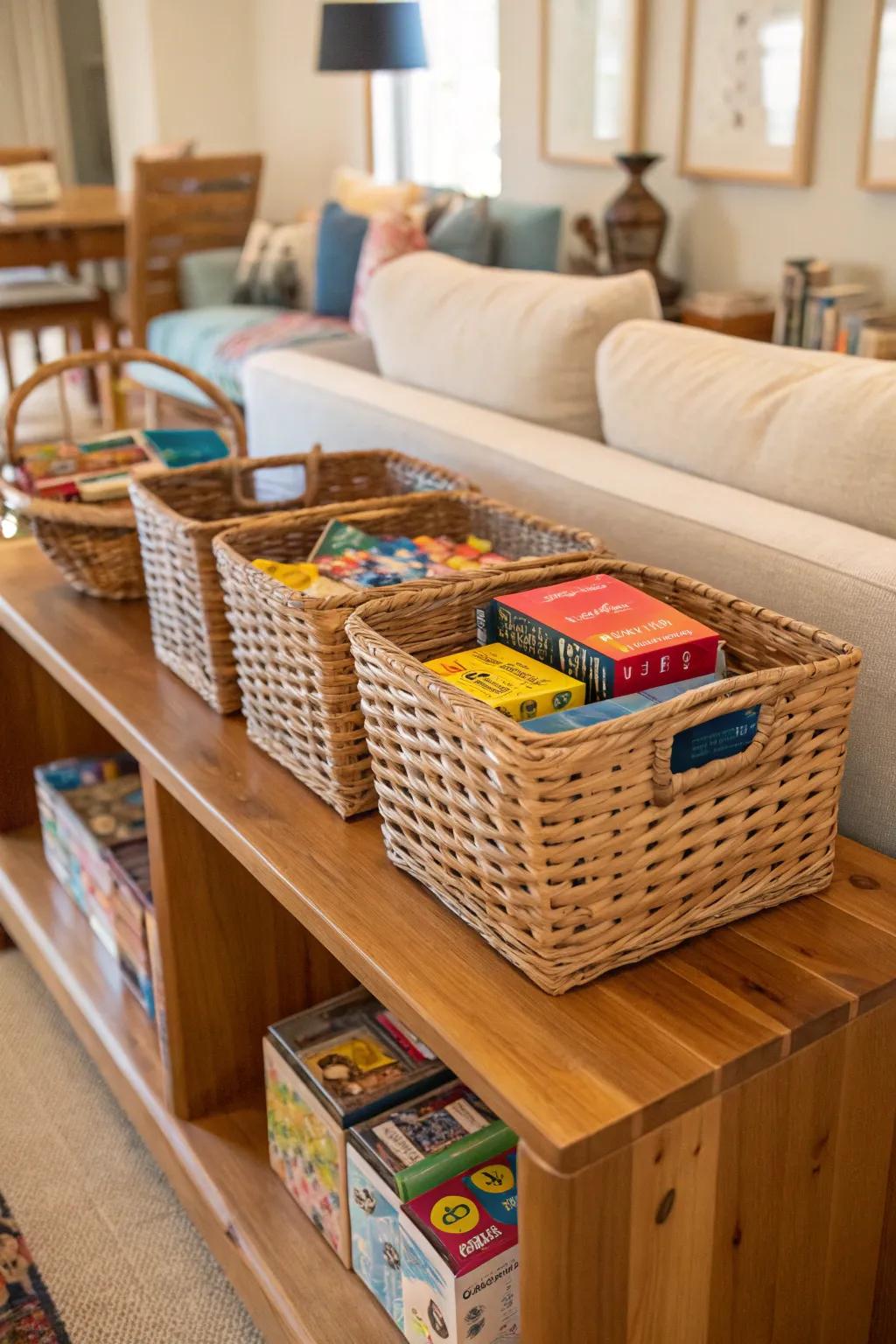 Wicker baskets providing elegant puzzle storage on a shelf.