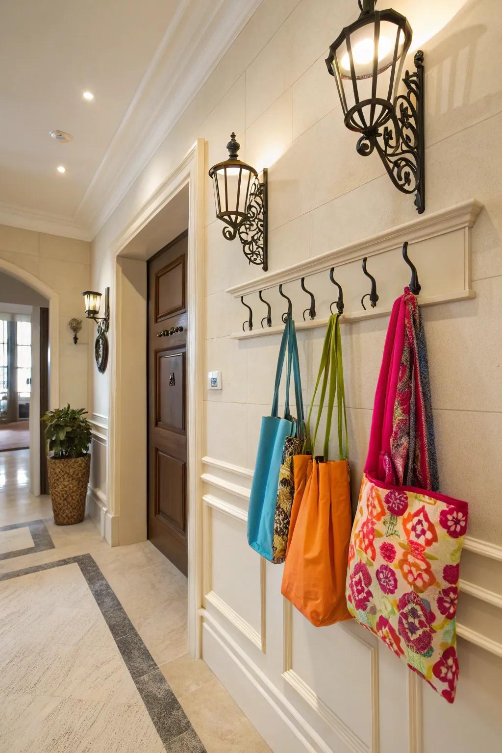 Transform your tote bags into wall art with decorative hooks.