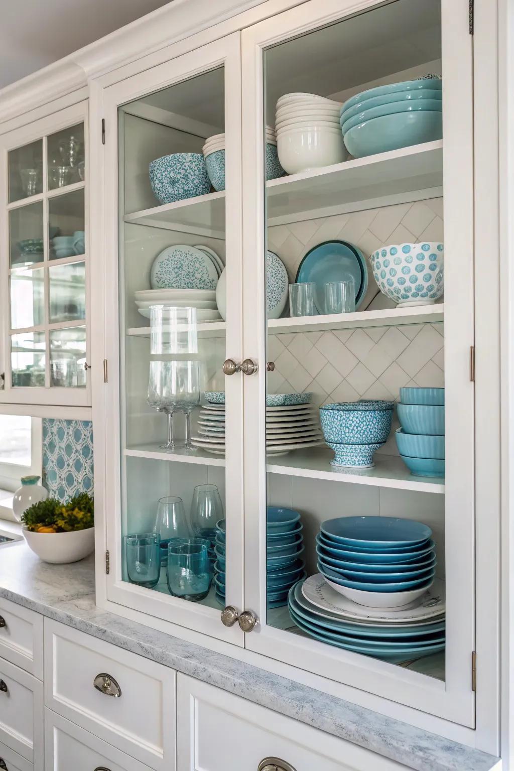 Glass cabinets displaying dishware in a calming blue and white color story.