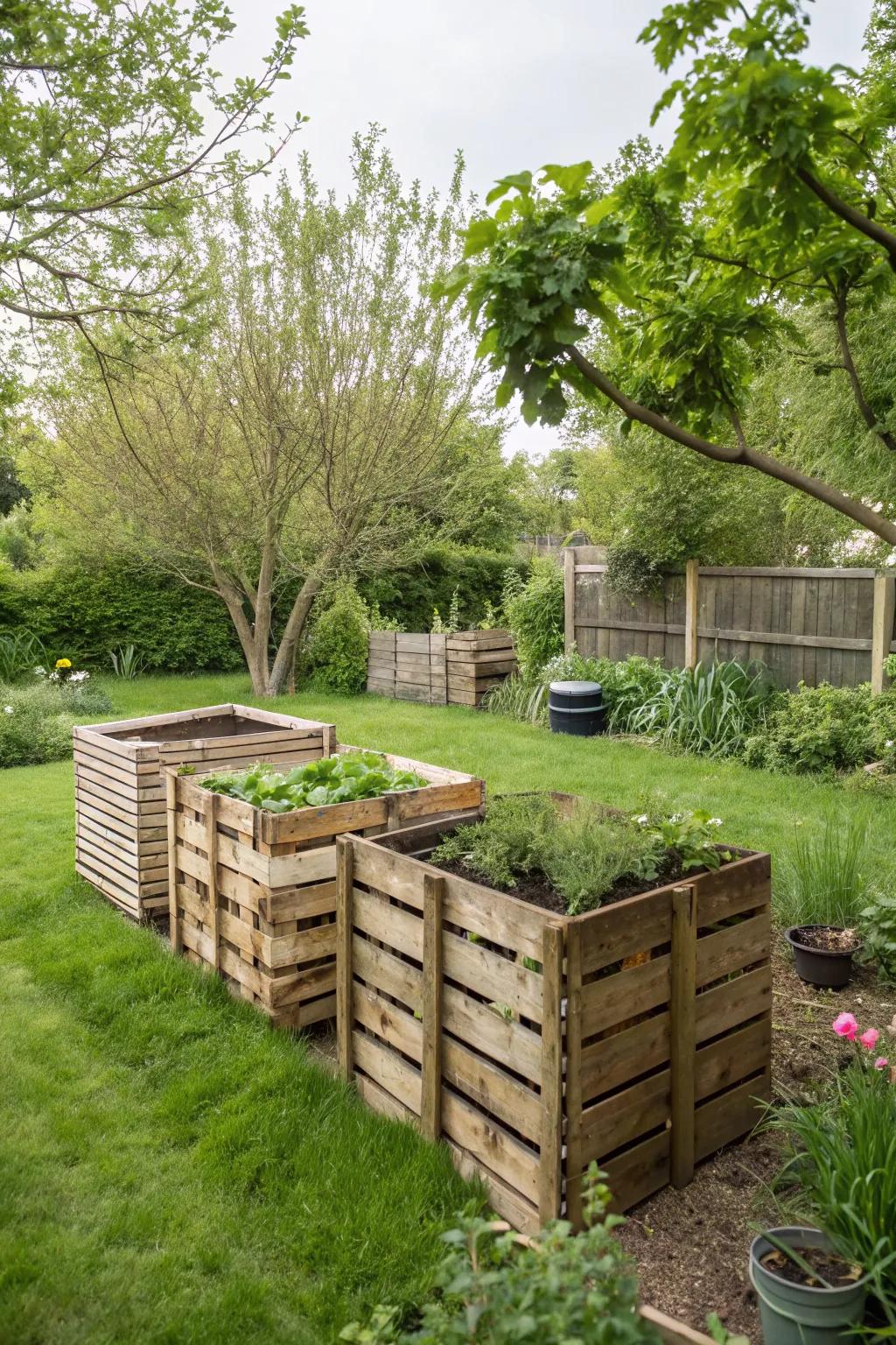 A garden compost arrangement with three wooden containers is perfect for managing compost at different phases.