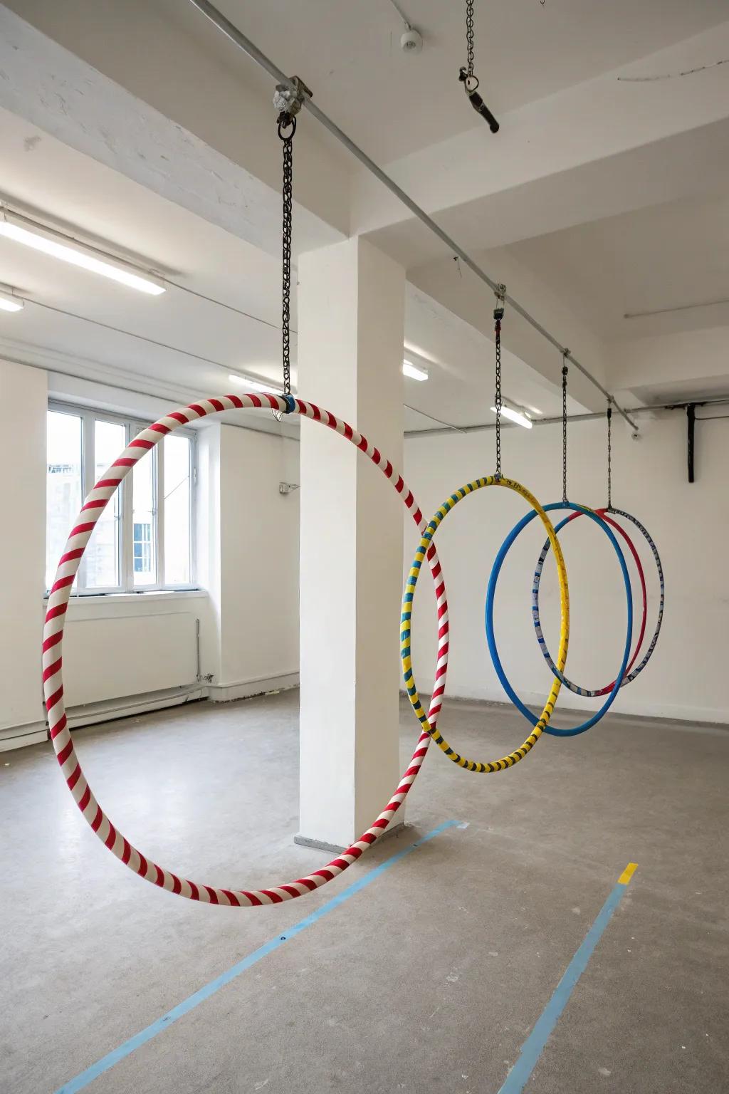 Creative circles gracefully descend from overhead fasteners, forming a practical yet artistic presentation.