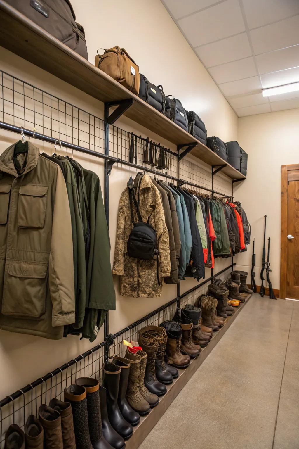 Hanging racks ensure hunting gear is easily accessible and neatly arranged.