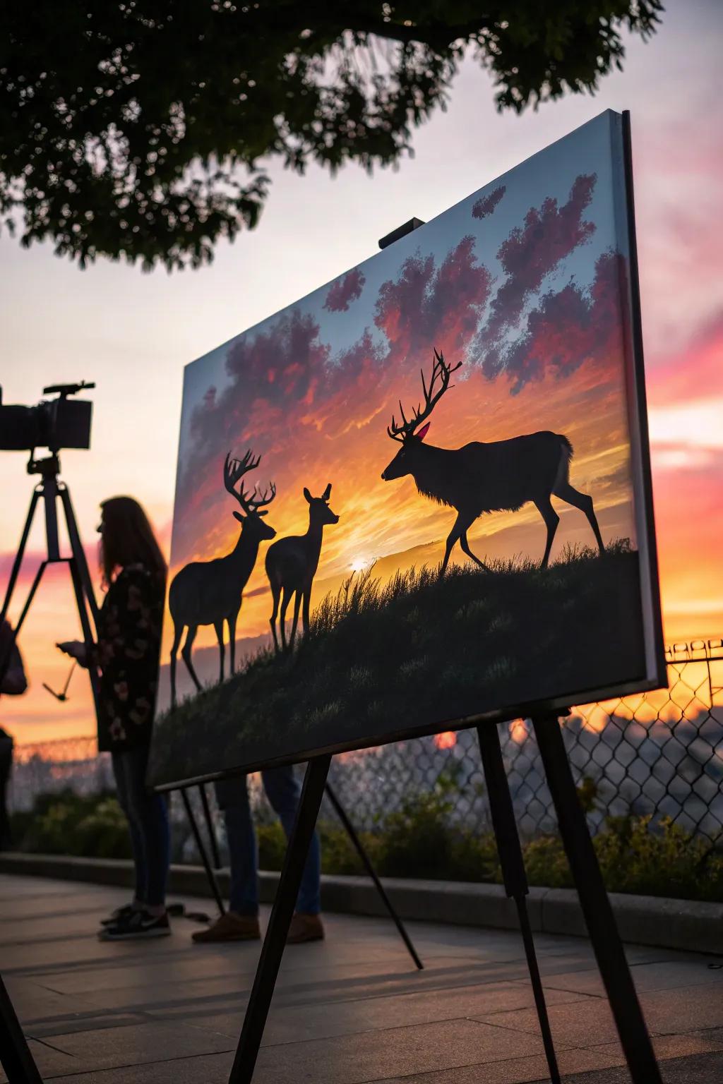Deer silhouettes highlighted by a stunning sunset scene.