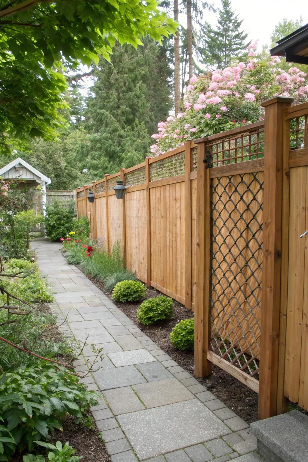 Wooden panels beautifully enhance fence privacy and charm.