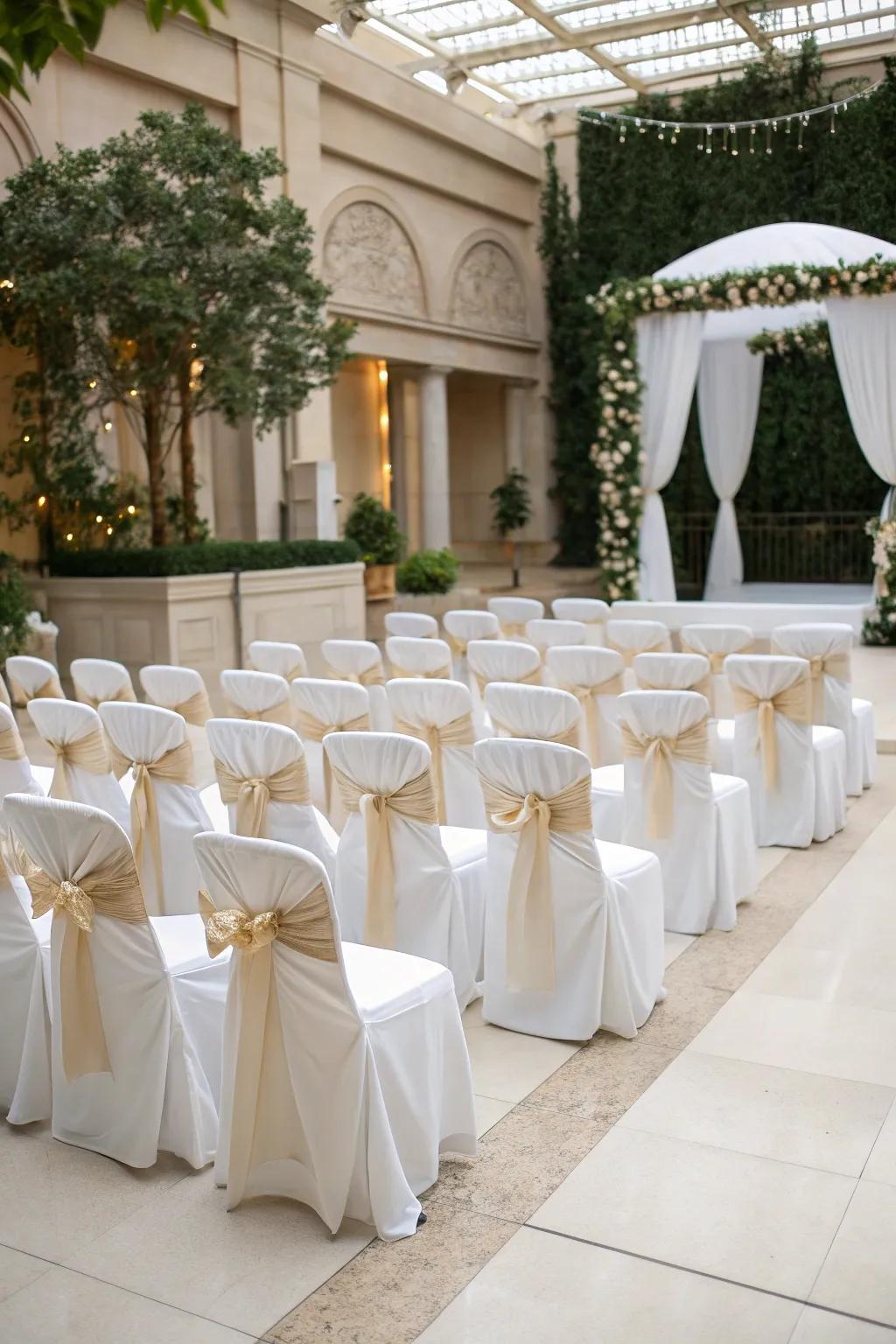 Classic elegance with white chair wraps and ribbons.