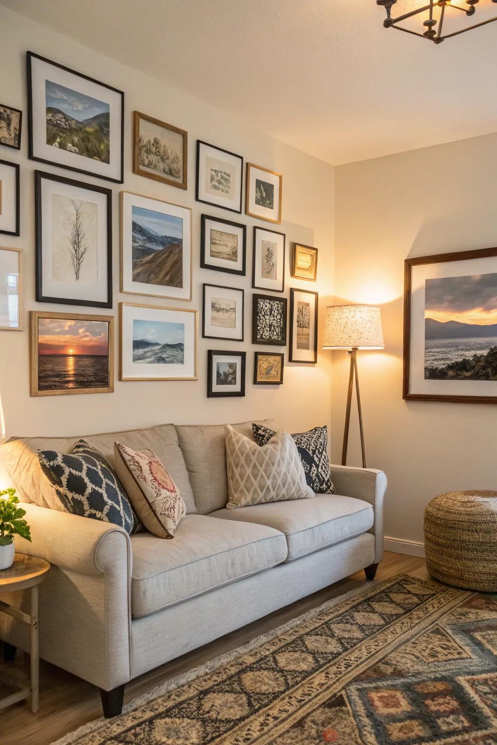 A gallery wall brings warmth and personality to your room.