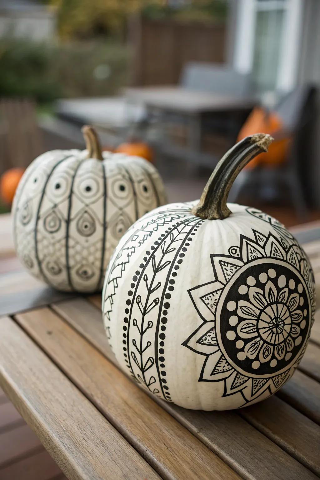 A pumpkin adorned with intricate painted patterns for a sophisticated look.