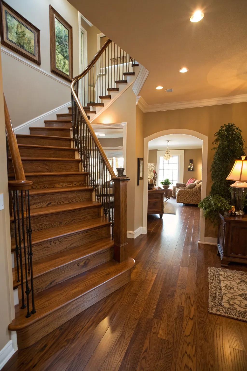 Timeless elegance embodied by classic hardwood stairs.
