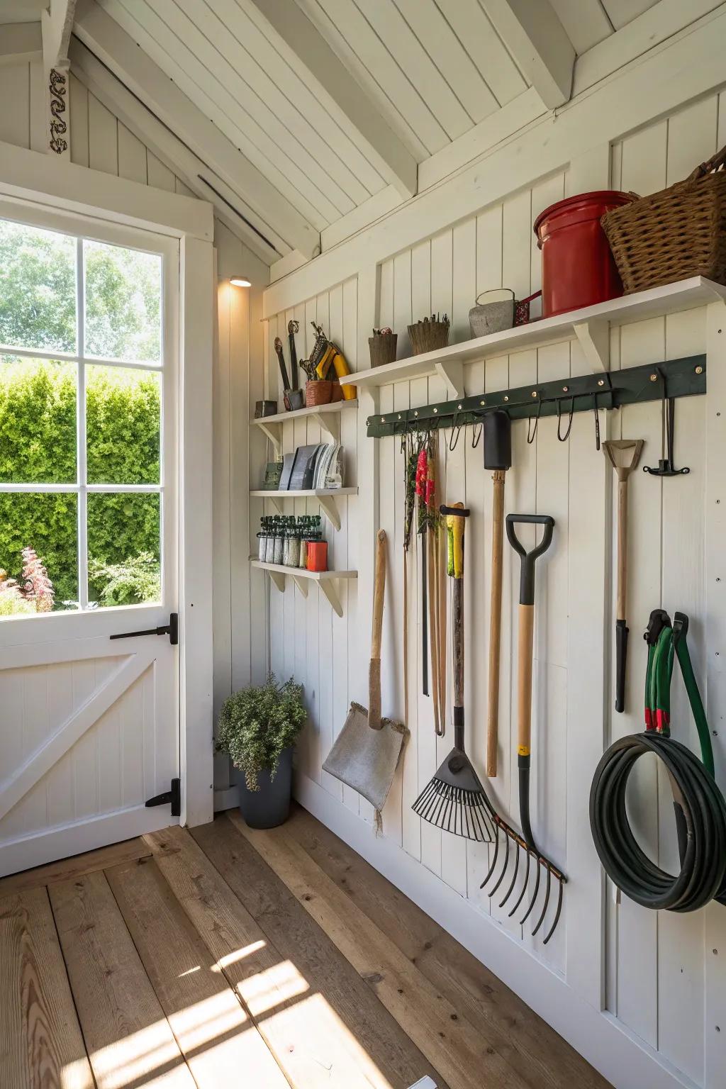 Wall-mounted fixtures turn an untidy shed into a structured retreat.