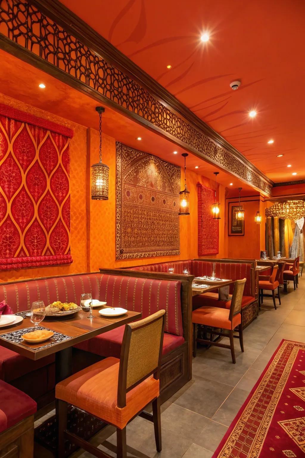 An Indian restaurant interior featuring a bold orange and red color palette.